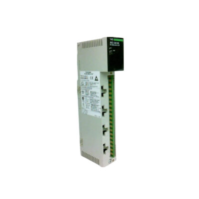 Figure 1: Front view of the Schneider 140AIO33000 Intrinsically Safe Analog Output Module, Modicon Quantum showing its physical design and enclosure.