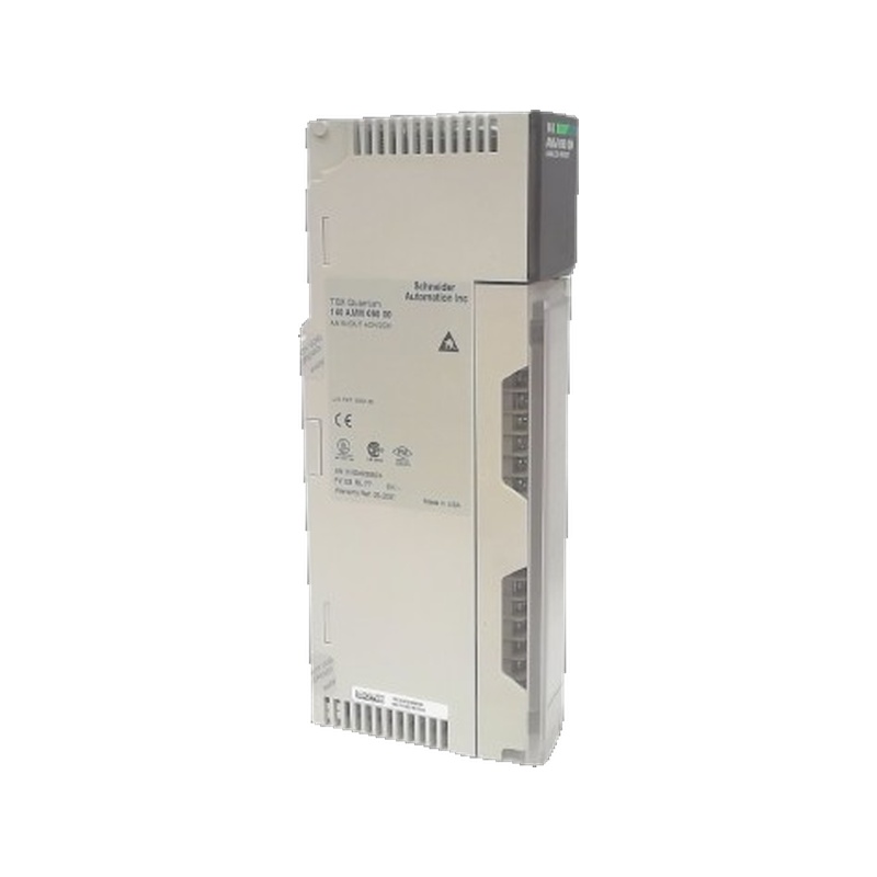 Figure 1: Front view of the Schneider 140AMM09000C Analog Input Module showing its physical design and enclosure.