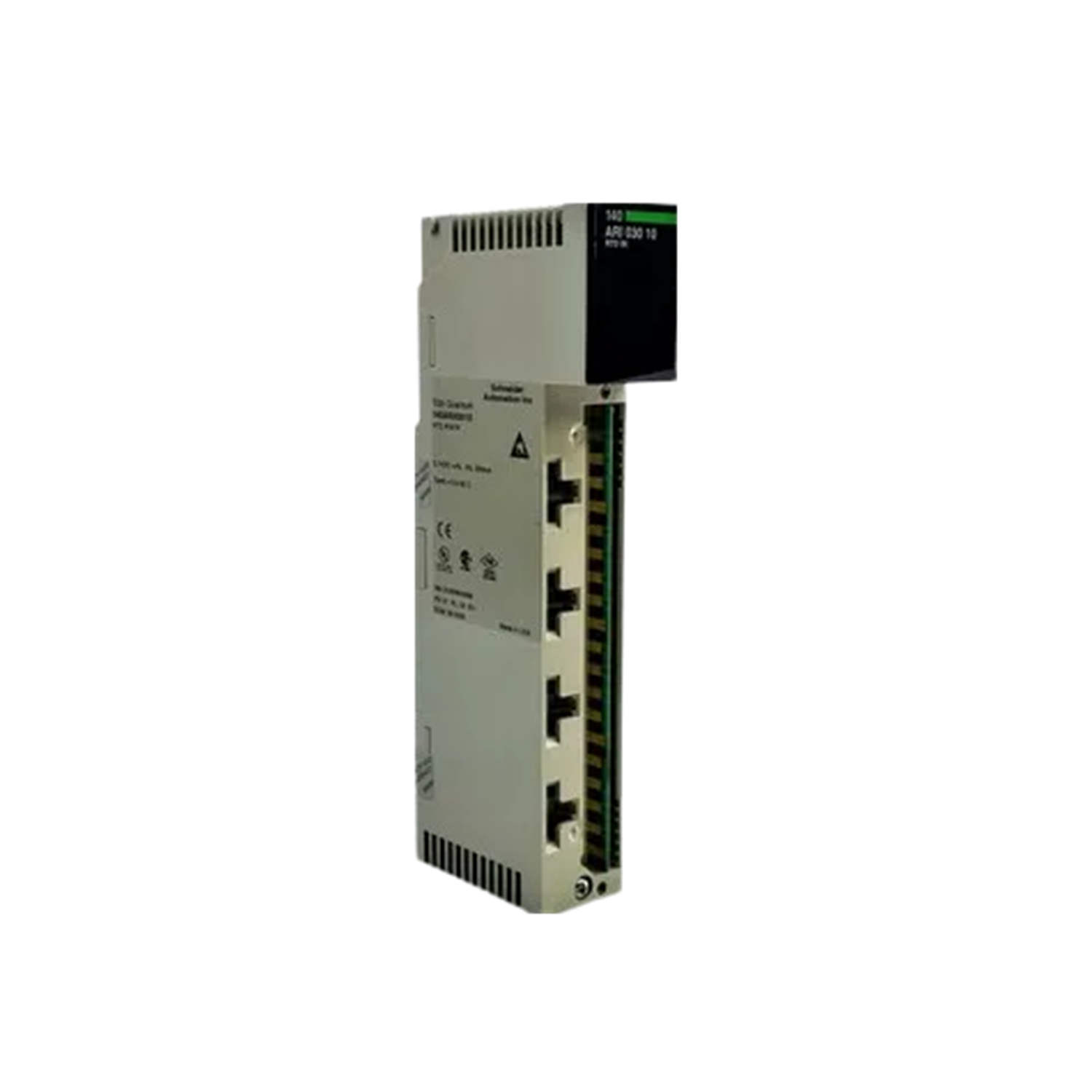Figure 1: Front view of the Schneider 140ARI03000C RTD input module showing its physical design and enclosure.