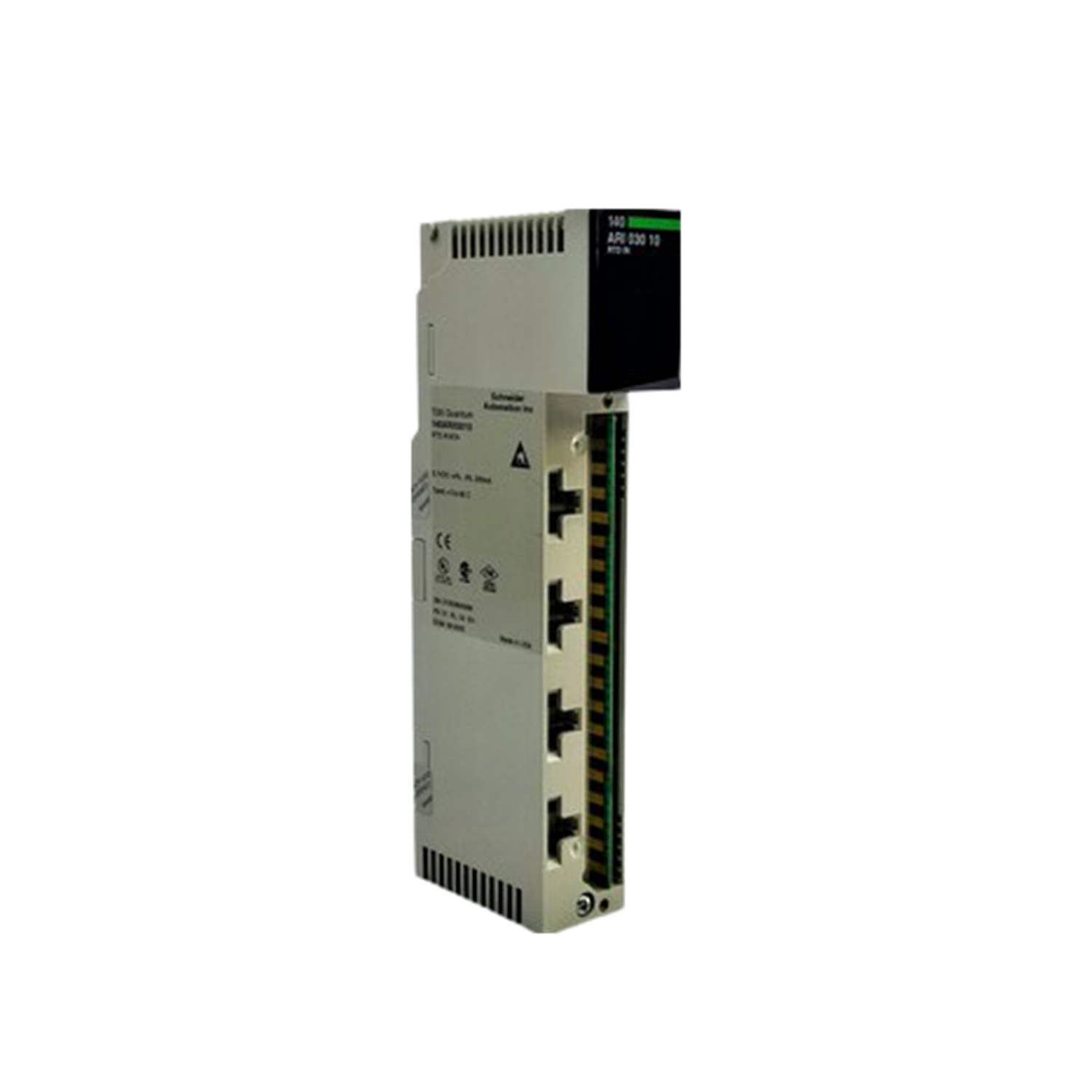 Figure 1: Front view of the Schneider 140ARI03010C Analog showing its physical design and enclosure.