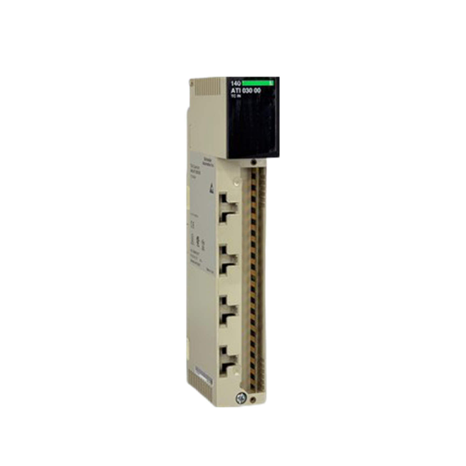 Figure 1: Front view of the Schneider 140ATI03000C Analog showing its physical design and enclosure.