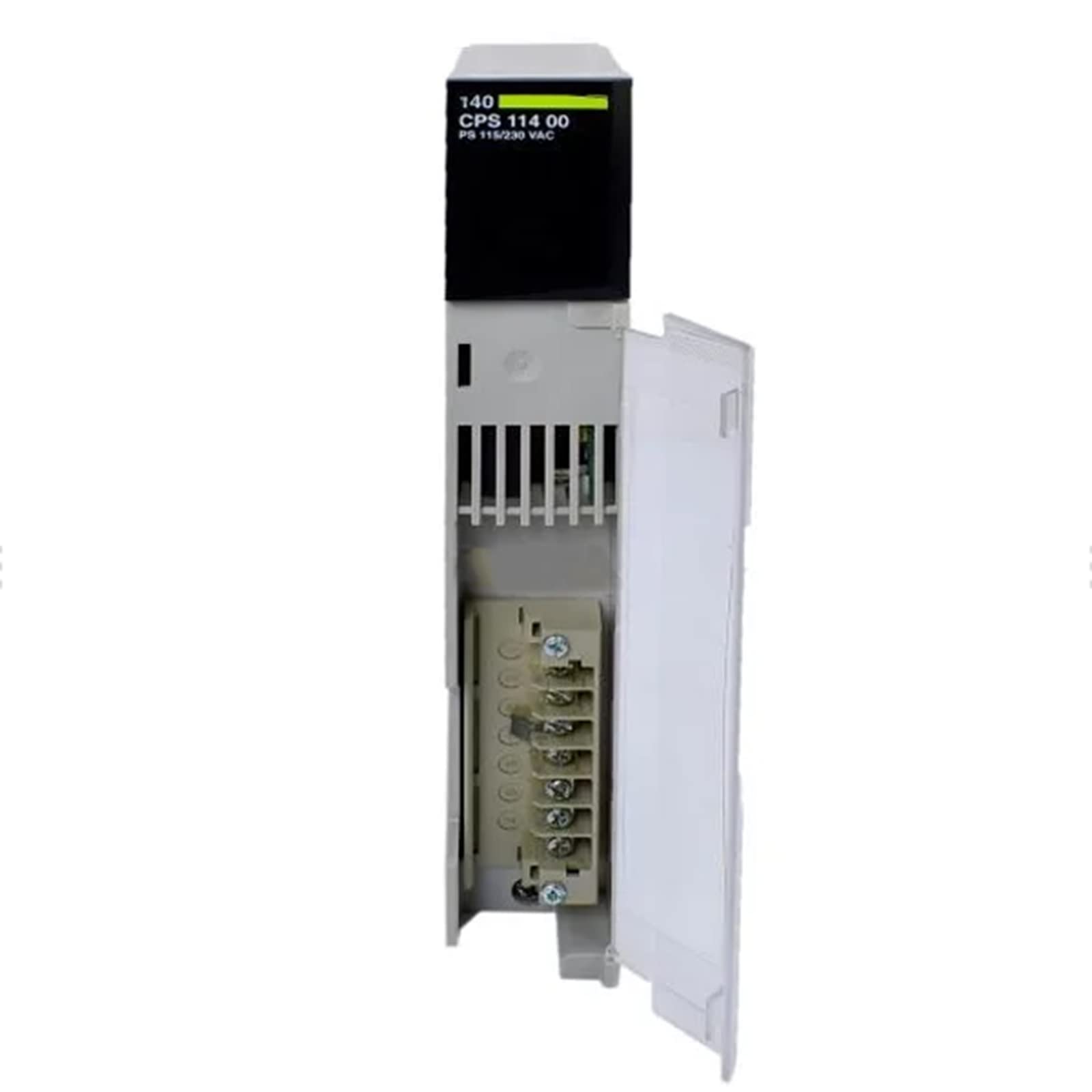 Figure 1: Front view of the Schneider 140CPS11400 Power Supply Module showing its physical design and enclosure.