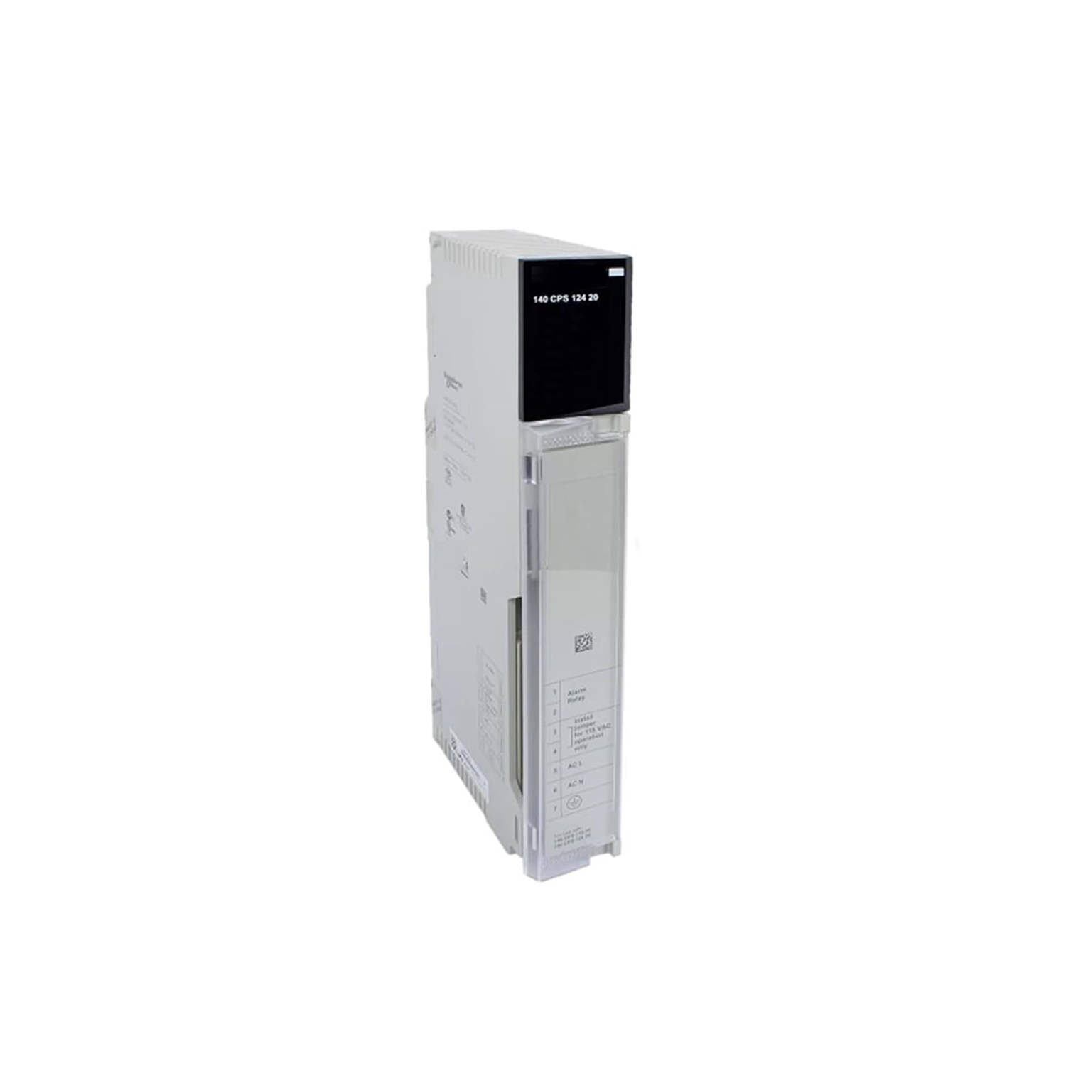 Figure 1: Front view of the Schneider 140CPS12420C to accommodate potential peak currents without nuisance tripping showing its physical design and enclosure.