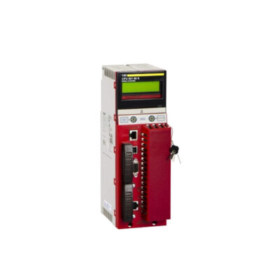 Figure 1: Front view of the Schneider 140CPU65160S Unity safety processor showing its physical design and enclosure.