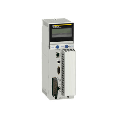 Figure 1: Front view of the Schneider 140CPU65860 Unity processor showing its physical design and enclosure.