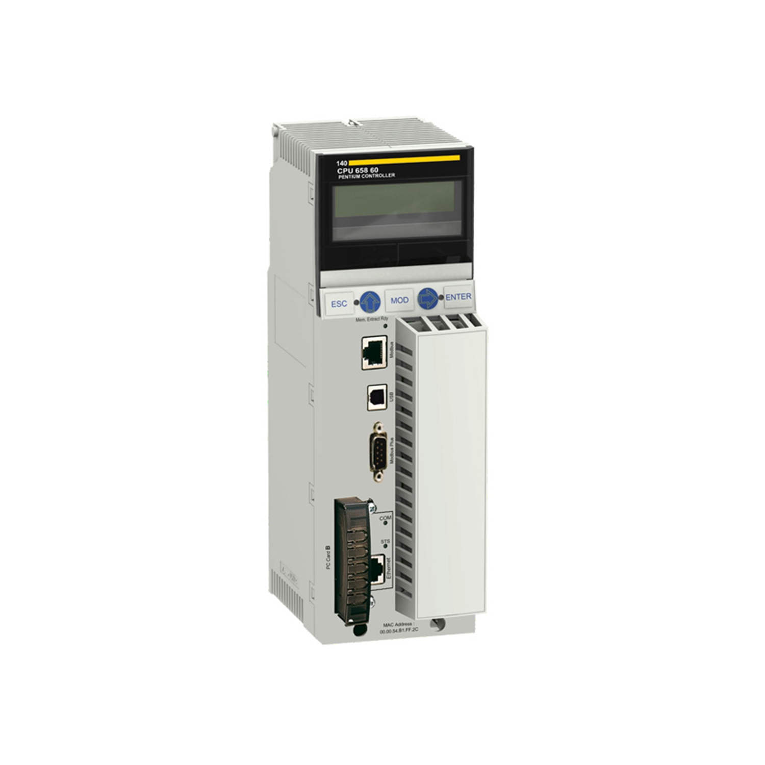 Figure 1: Front view of the Schneider 140CPU65860 Unity processor showing its physical design and enclosure.