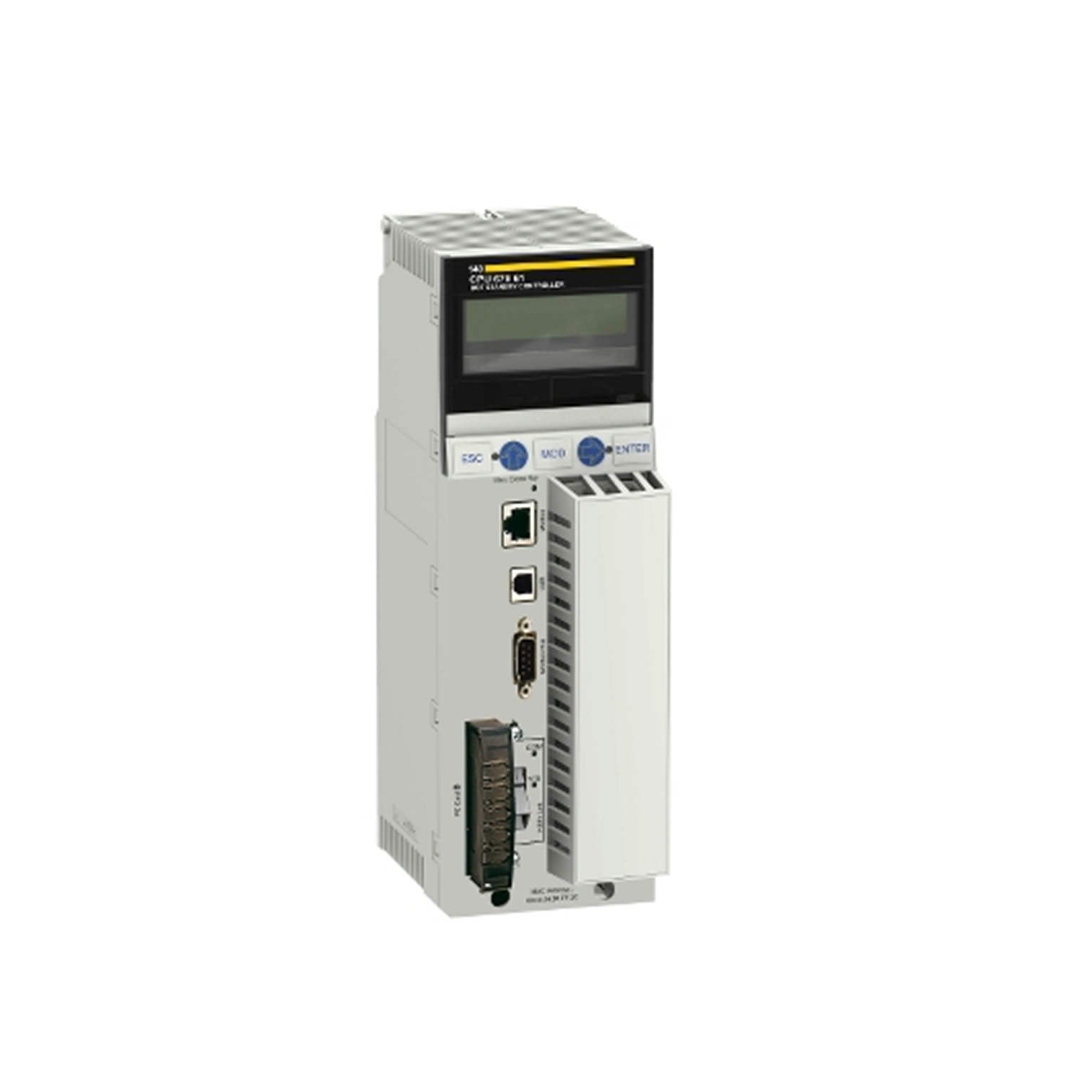 Figure 1: Front view of the Schneider 140CPU67261C Unity Hot Standby Processor showing its physical design and enclosure.