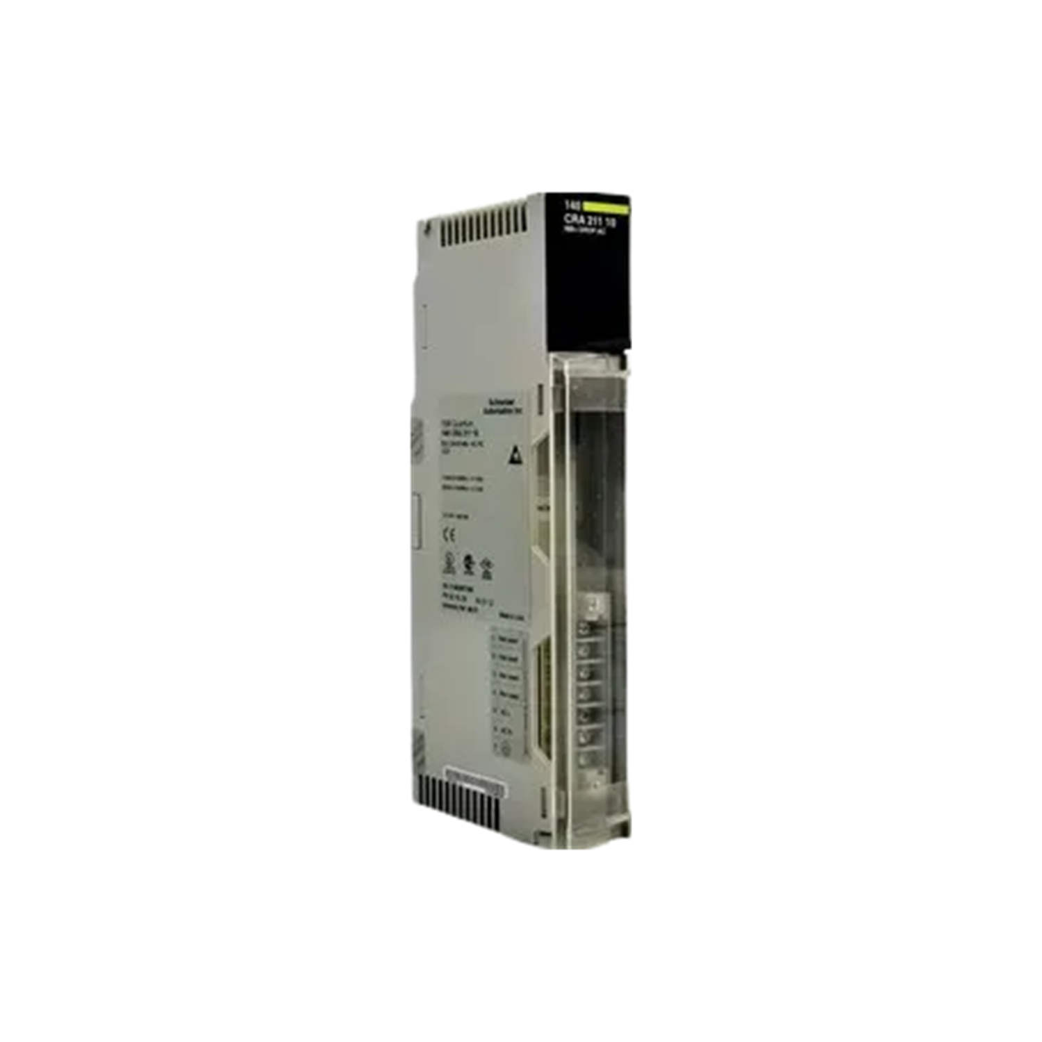 Figure 1: Front view of the Schneider 140CRA21100 DIO drop interface showing its physical design and enclosure.