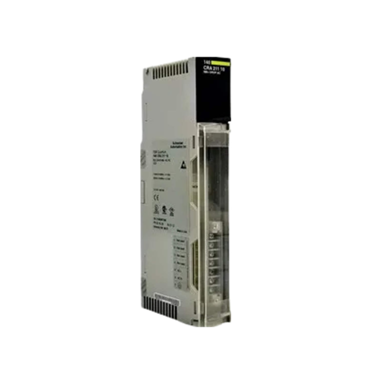 Figure 1: Front view of the Schneider 140CRA21110C DIO Drop Interface showing its physical design and enclosure.