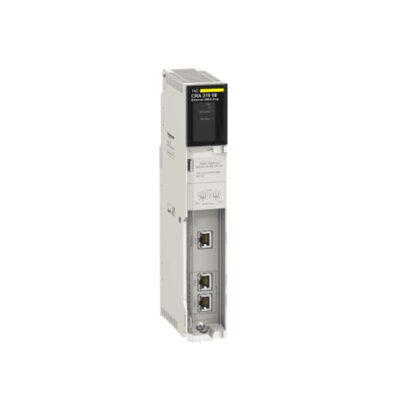 Figure 1: Front view of the Schneider 140CRA31908 Ethernet RIO Drop Adaptor showing its physical design and enclosure.