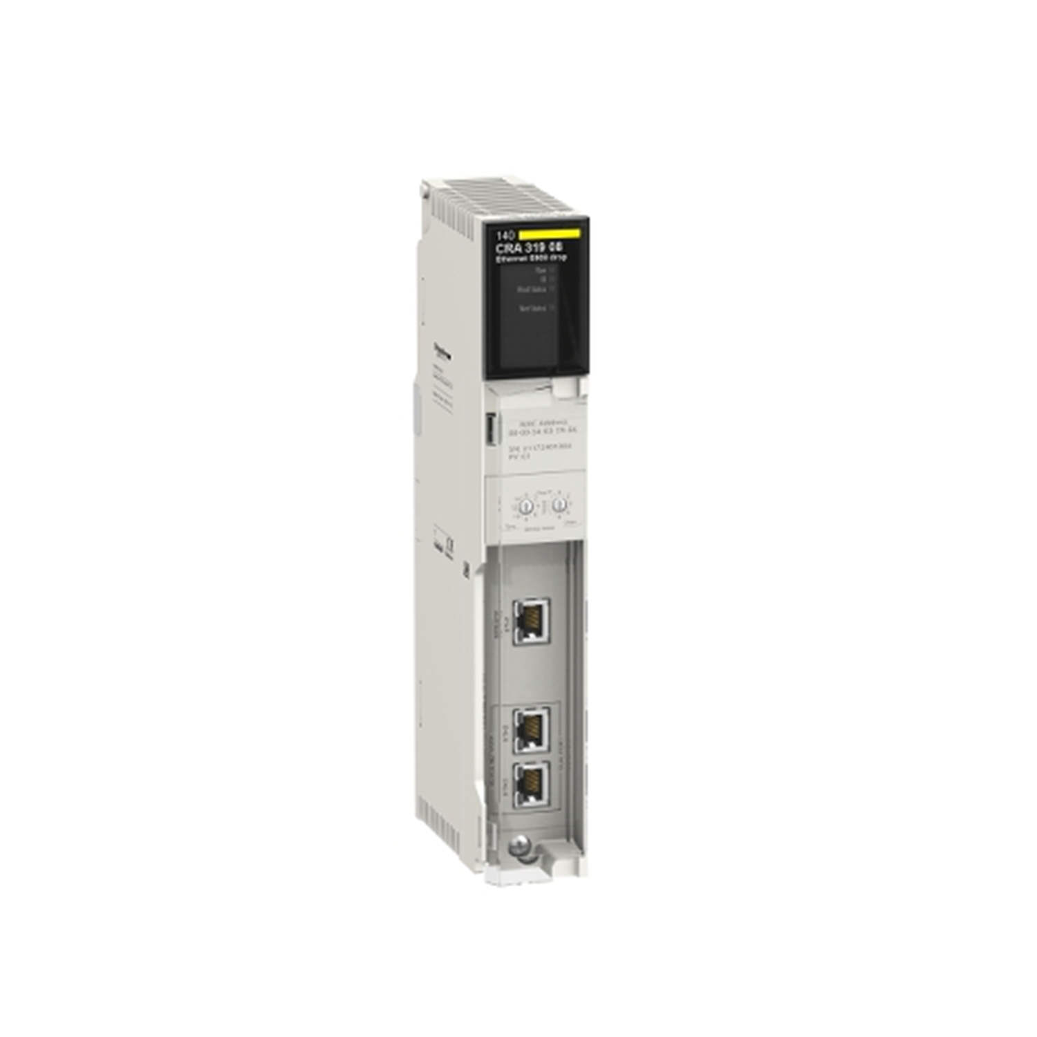 Figure 1: Front view of the Schneider 140CRA31908 Ethernet RIO Drop Adaptor showing its physical design and enclosure.