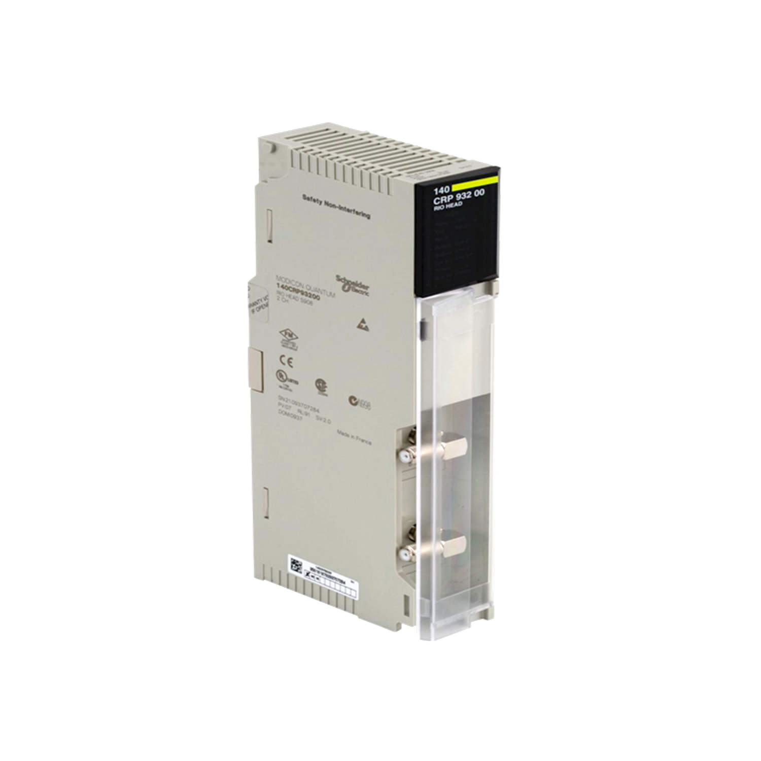 Figure 1: Front view of the Schneider 140CRP93200C RIO head-end adaptor module showing its physical design and enclosure.
