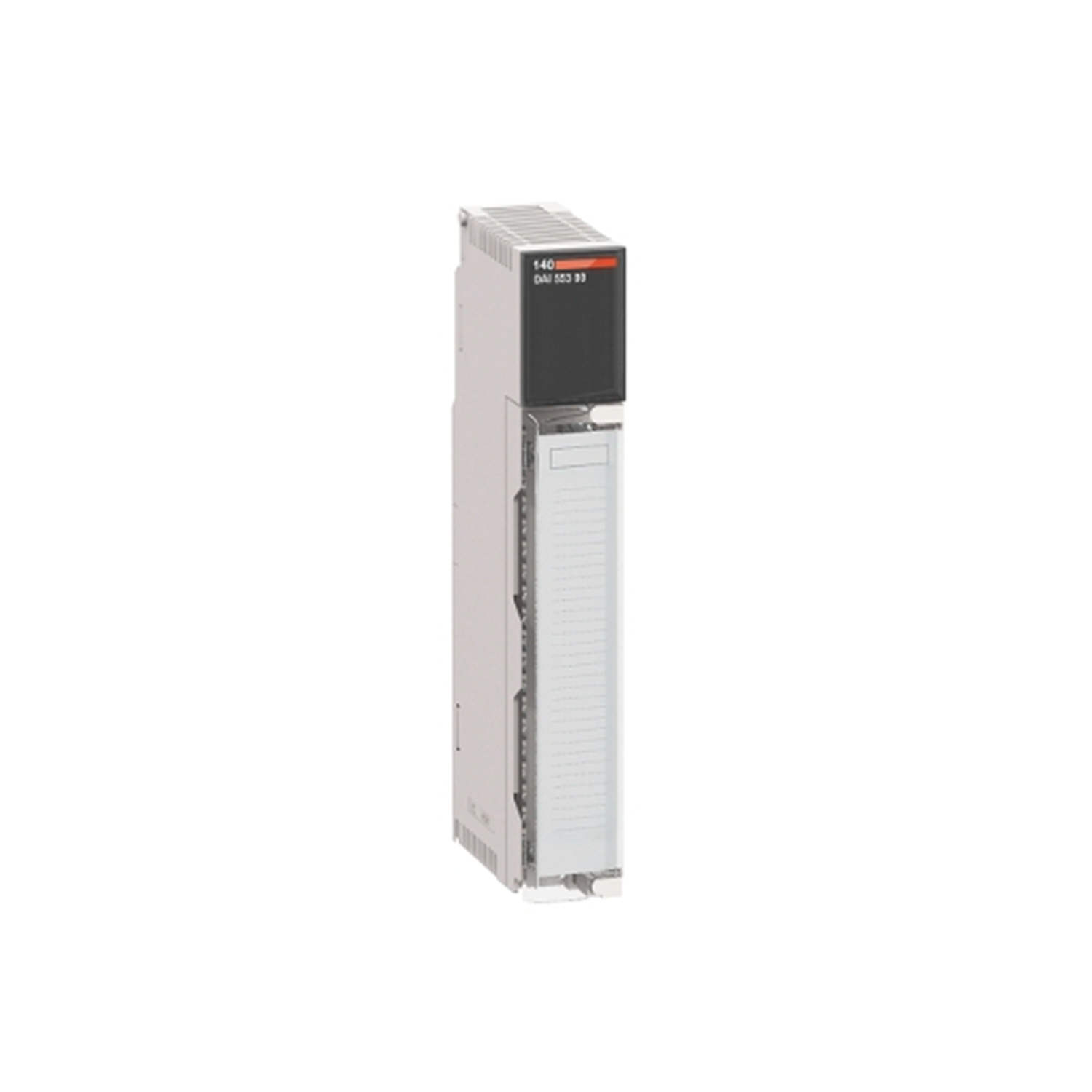 Figure 1: Front view of the Schneider 140DAI34000C Discrete input module showing its physical design and enclosure.