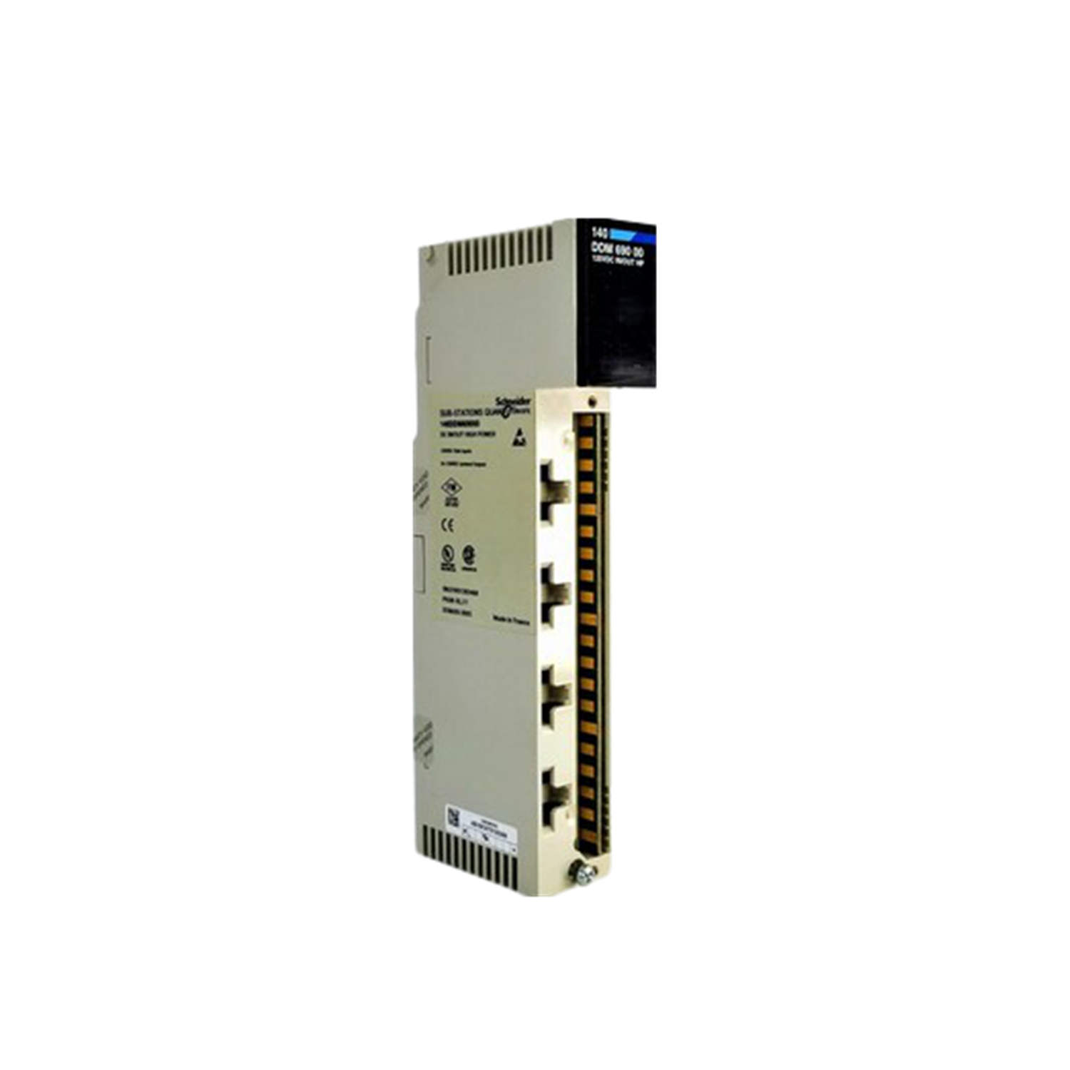 Figure 1: Front view of the Schneider 140DDM69000 Discrete showing its physical design and enclosure.
