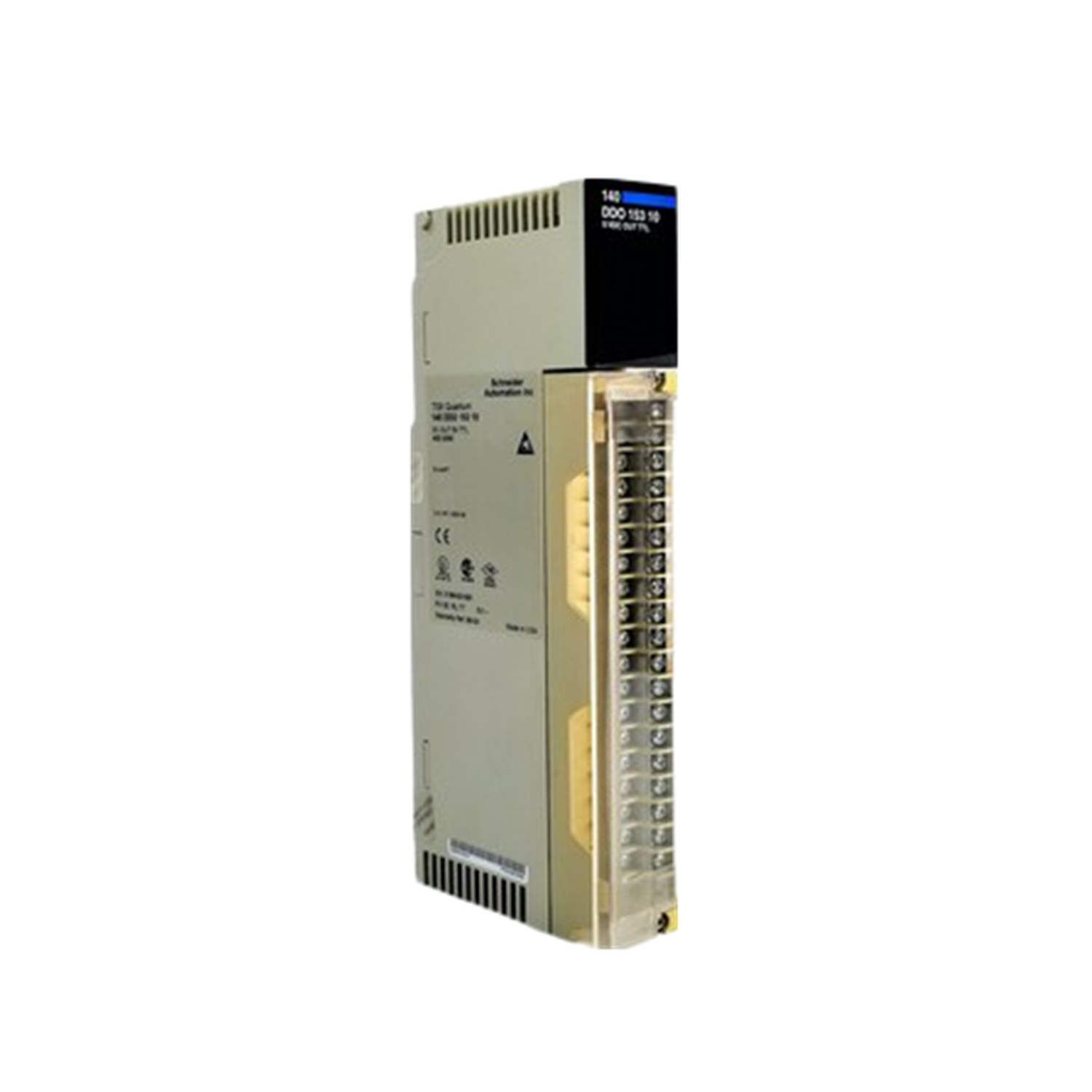 Figure 1: Front view of the Schneider 140DDO15310C TTL Discrete Output Module showing its physical design and enclosure.