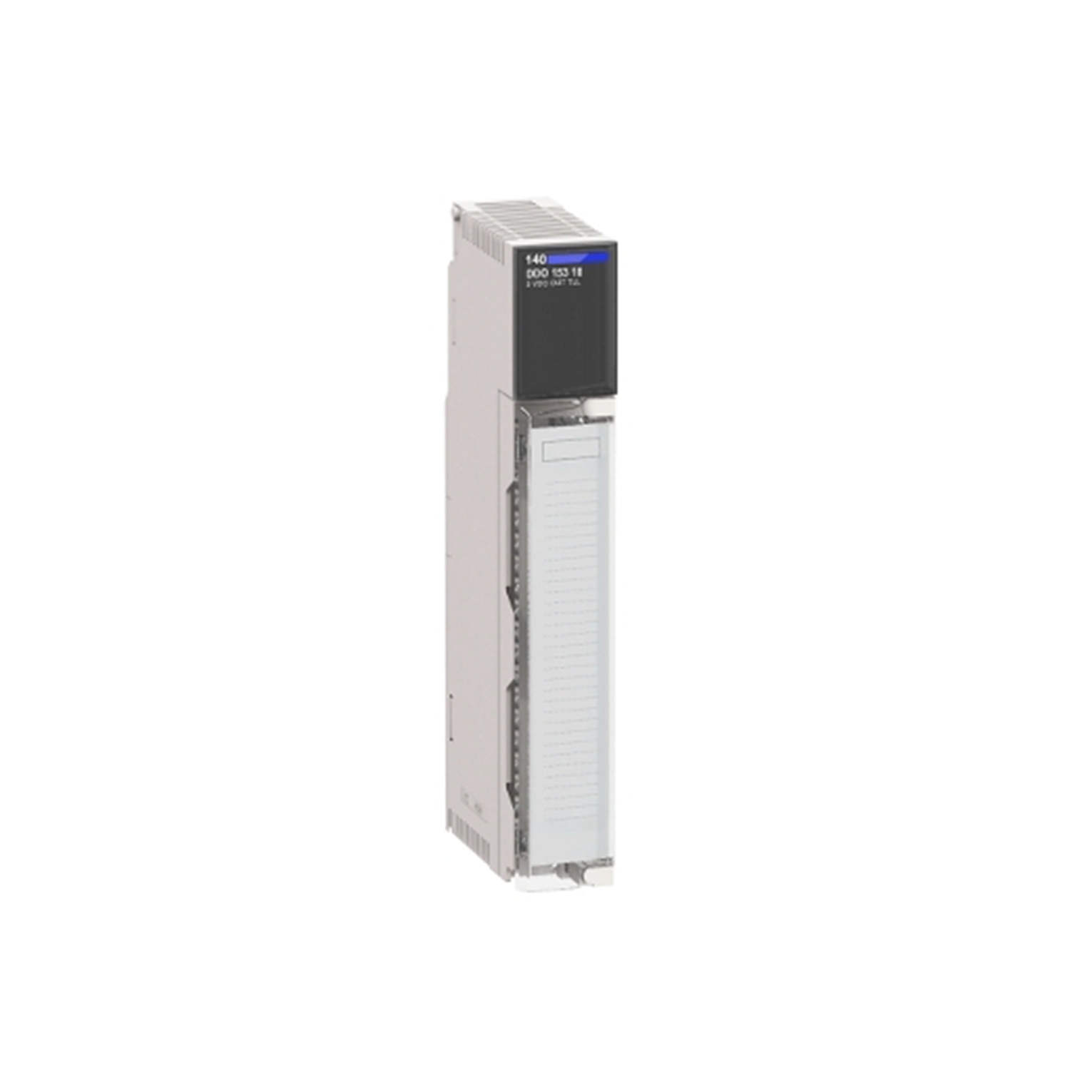 Figure 1: Front view of the Schneider 140DDO35310C Discrete Output Module showing its physical design and enclosure.