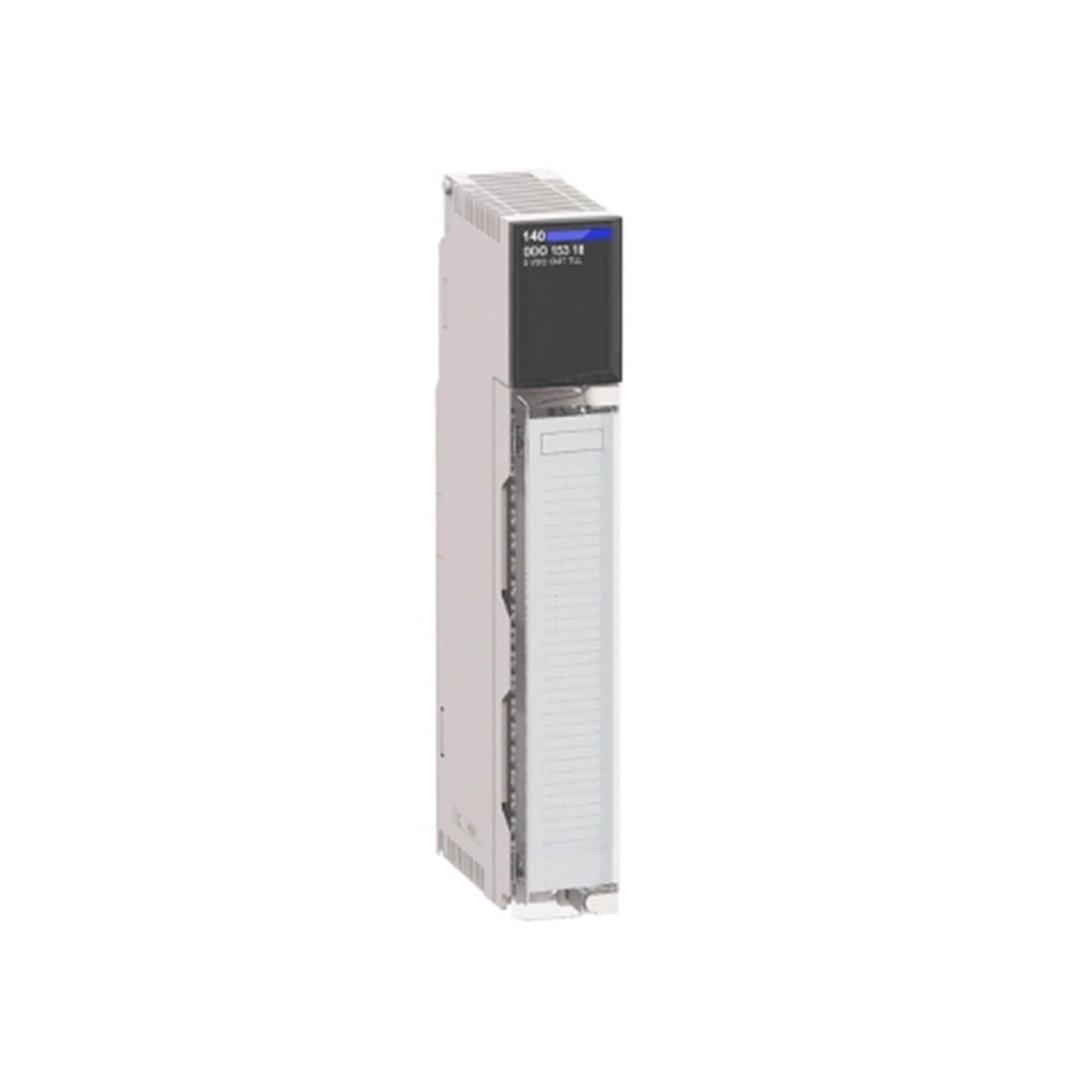 Figure 1: Front view of the Schneider 140DDO36400C Dc discrete output module showing its physical design and enclosure.