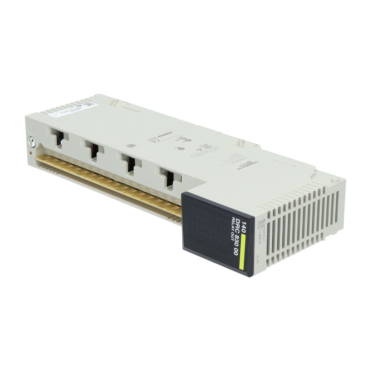 Figure 1: Front view of the Schneider 140DRC83000C Discrete output module showing its physical design and enclosure.