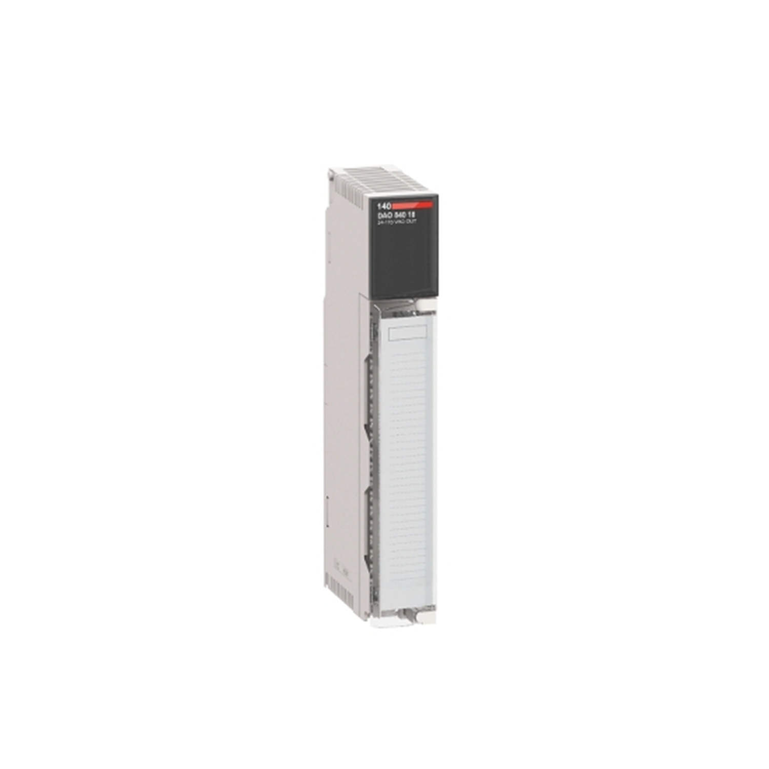 Figure 1: Front view of the Schneider 140DVO85300C Discrete Output Module showing its physical design and enclosure.