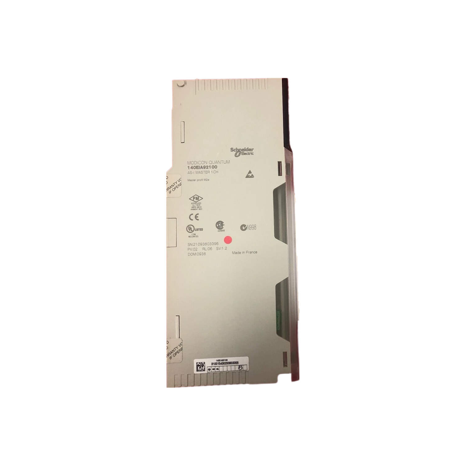 Figure 1: Front view of the Schneider 140EIA92100C AS interface master module showing its physical design and enclosure.