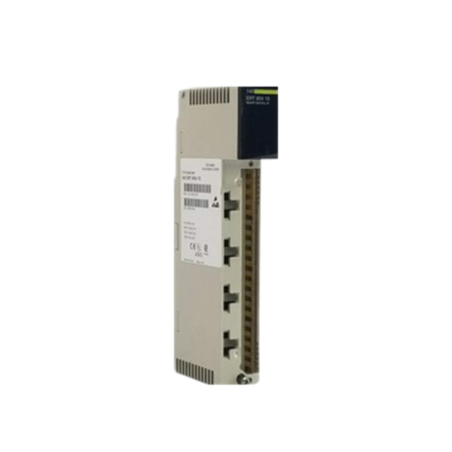 Figure 1: Front view of the Schneider 140ERT85410IAT Sequence Of Events (SOE) Module showing its physical design and enclosure.