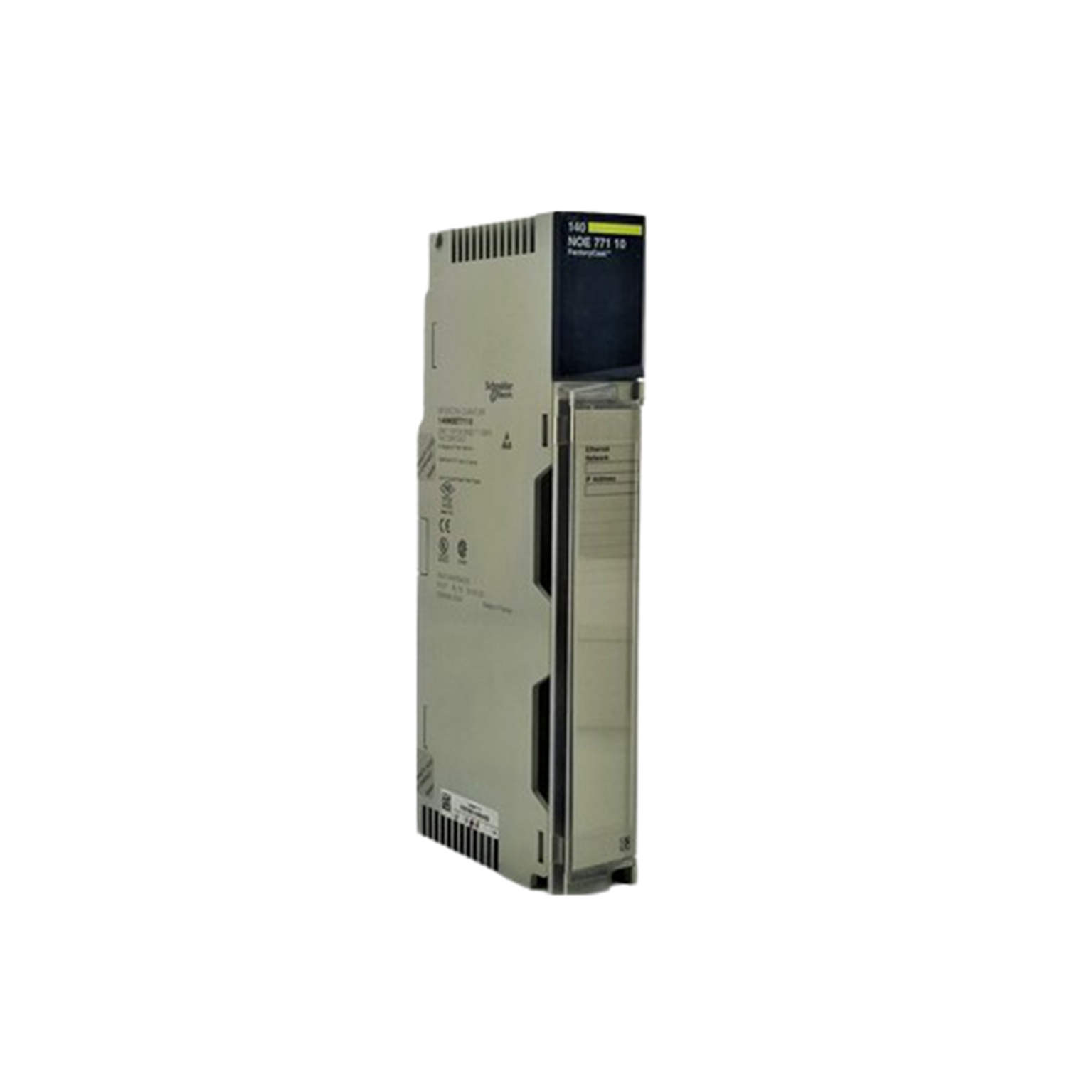 Figure 1: Front view of the Schneider 140NOE77110C Ethernet Module showing its physical design and enclosure.