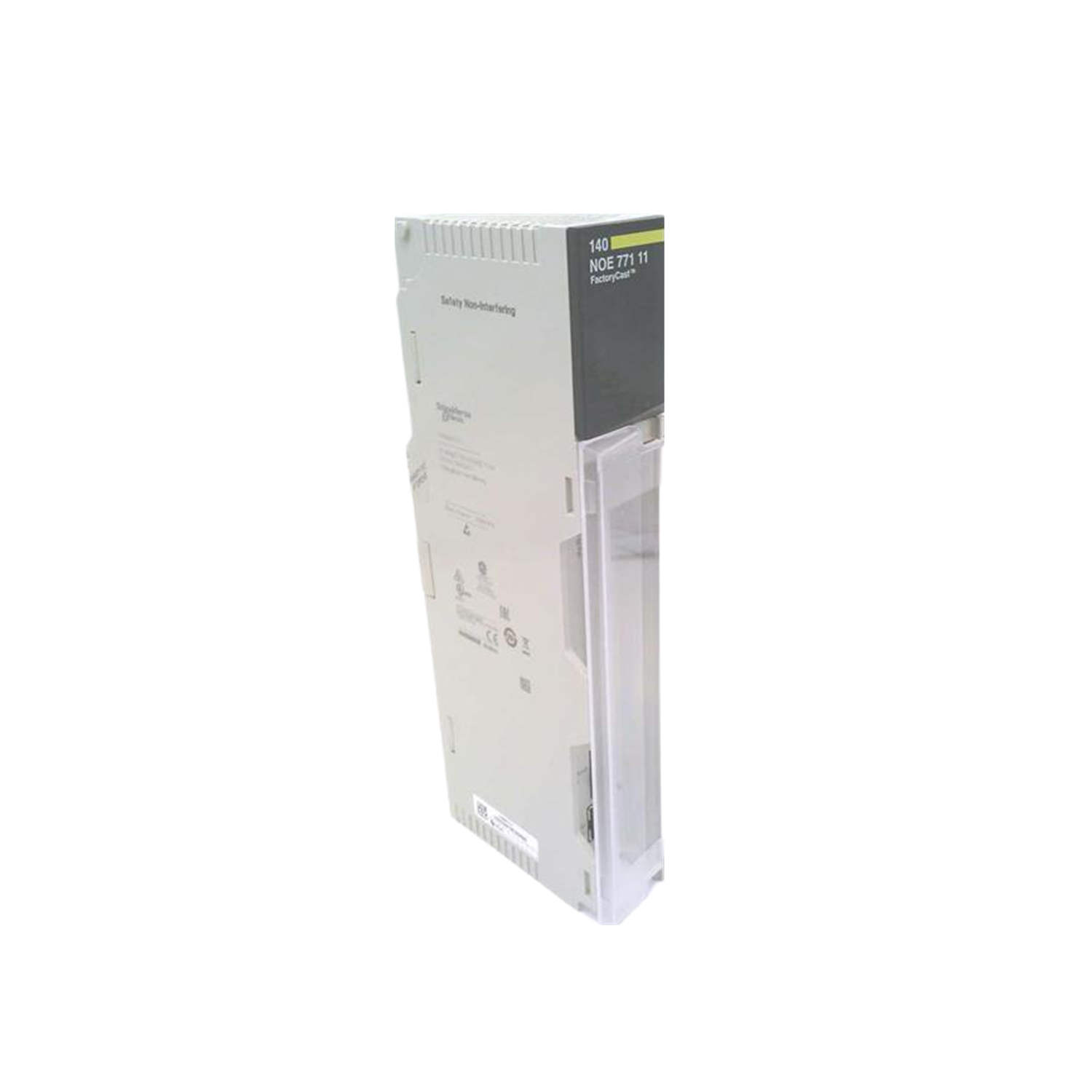 Figure 1: Front view of the Schneider 140NOE77111C Ethernet module showing its physical design and enclosure.