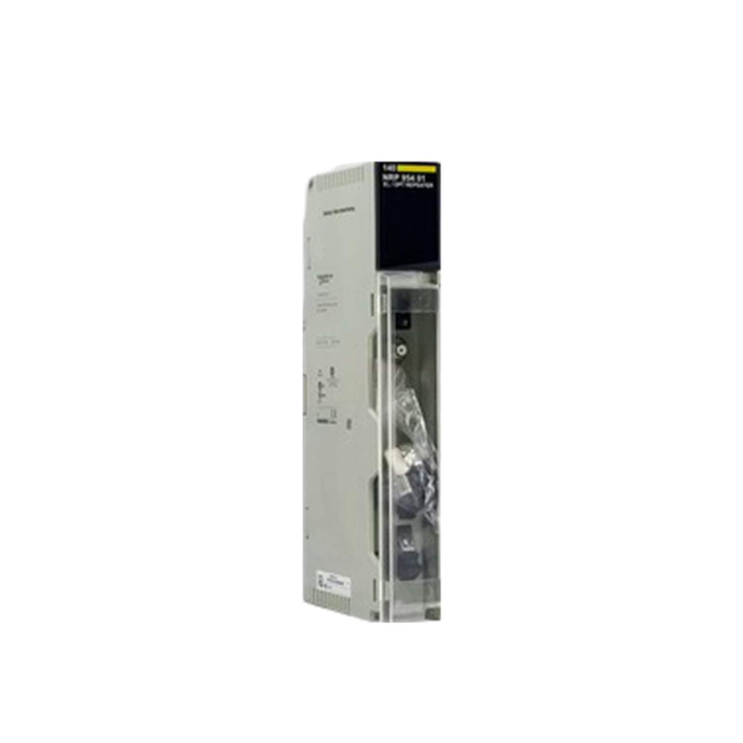 Figure 1: Front view of the Schneider 140NRP95401C Coated Fibre Optic Repeater showing its physical design and enclosure.