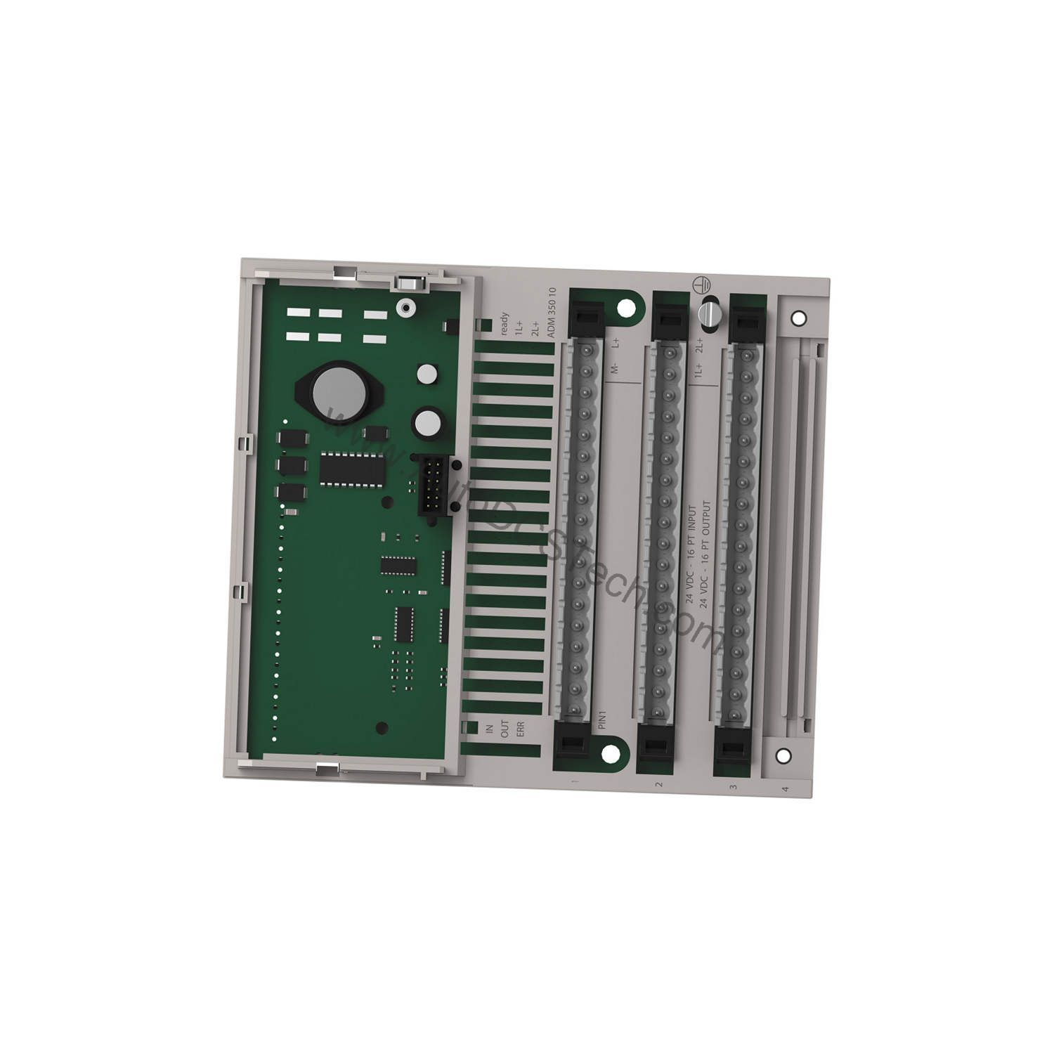 Figure 2: Technical layout and connection details for the Schneider 170ADM35010C industrial automation component.