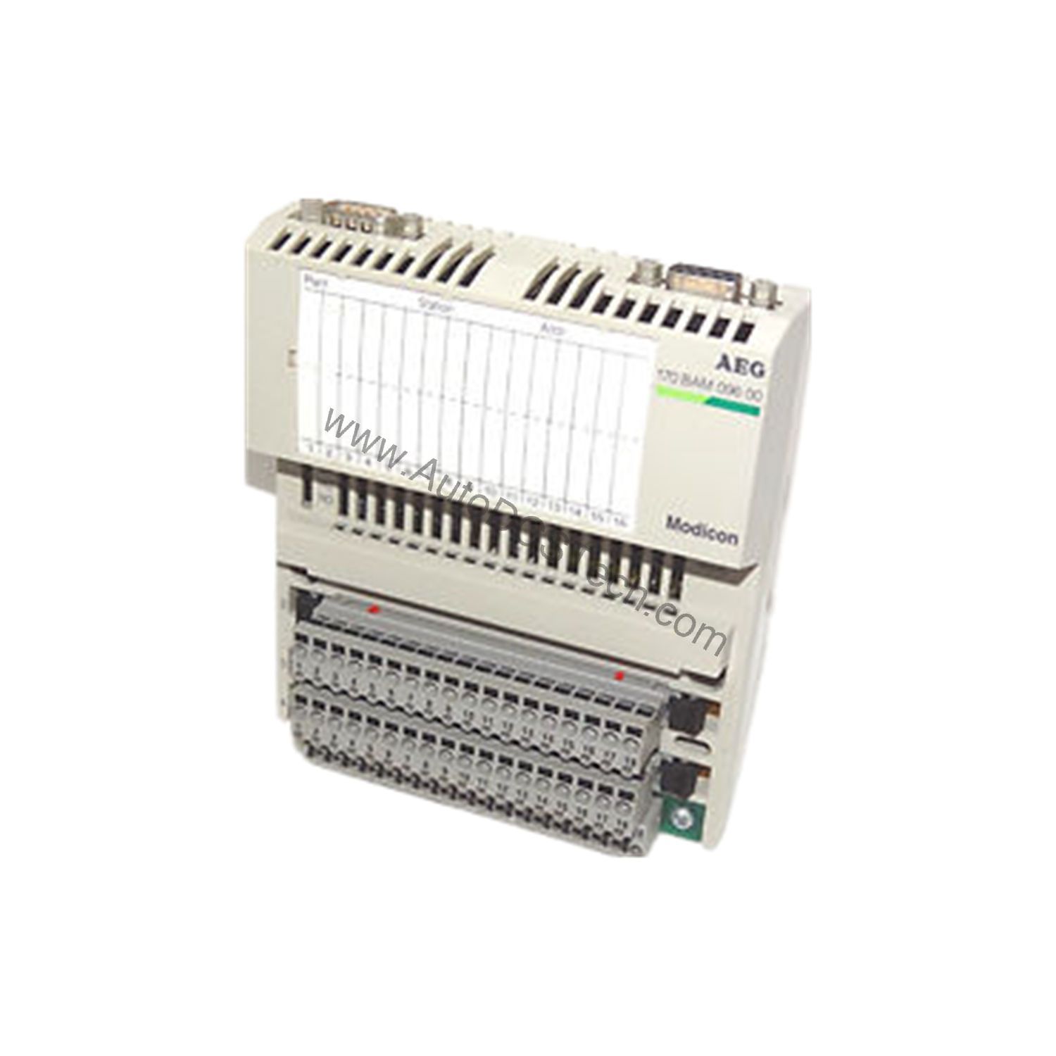 Figure 2: Technical layout and connection details for the Schneider 170BAM09600 industrial automation component.