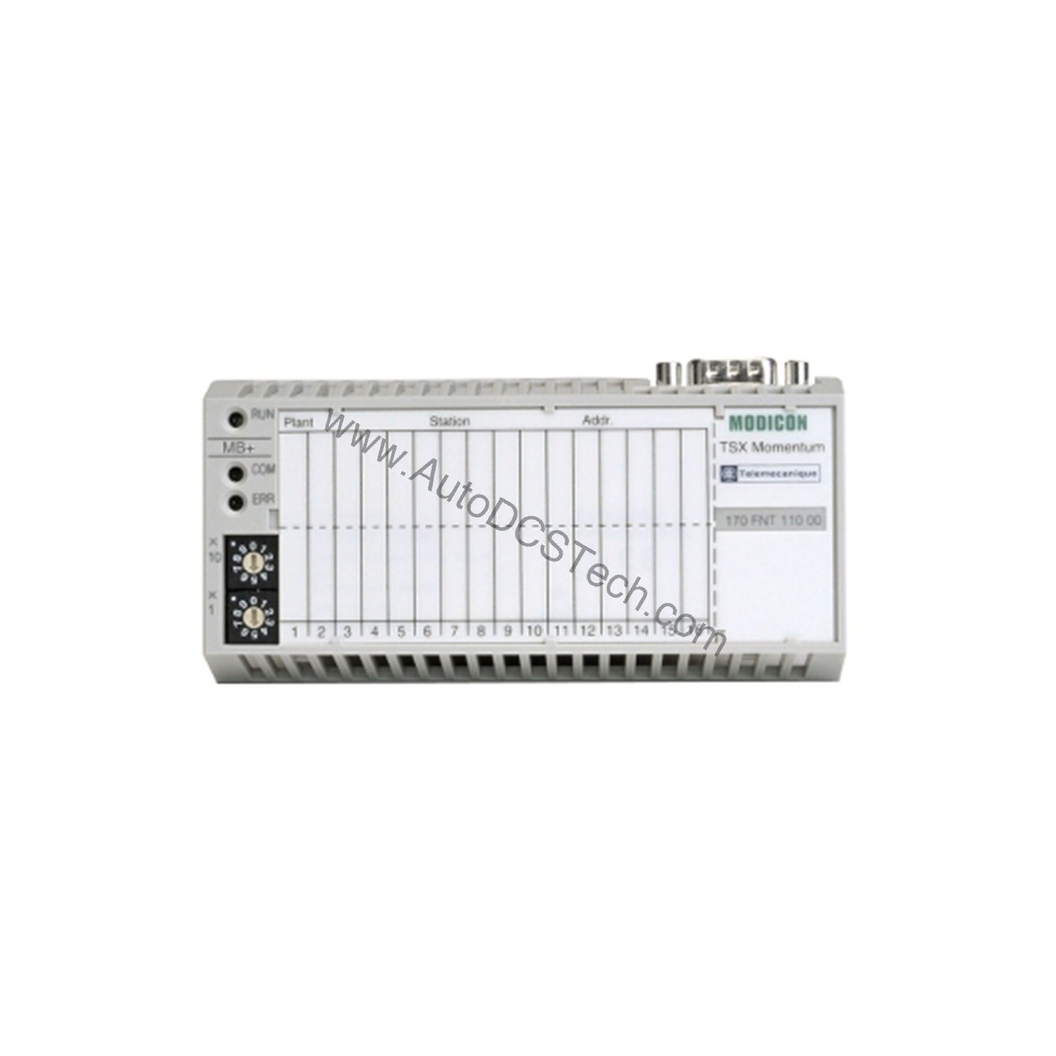 Figure 1: Front view of the Schneider 170FNT11000 industrial automation component showing its physical design and enclosure.