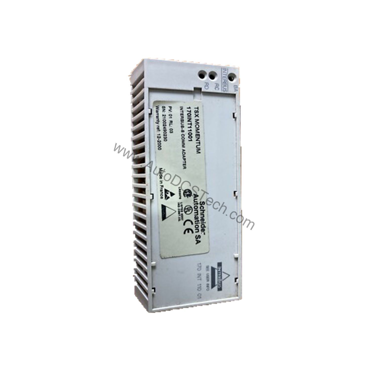 Figure 1: Front view of the Schneider 170INT11001 industrial automation component showing its physical design and enclosure.