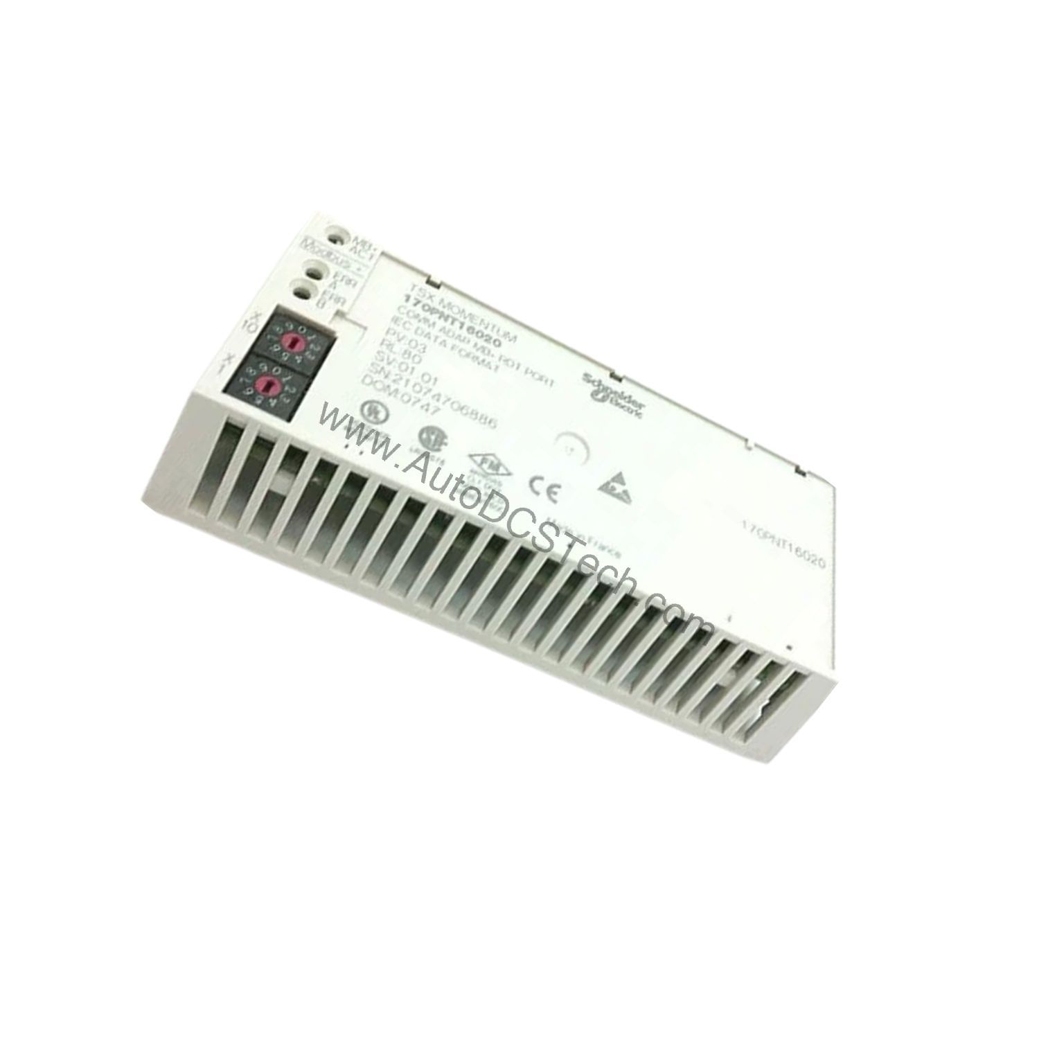Figure 2: Technical layout and connection details for the Schneider 170PNT16020 industrial automation component.
