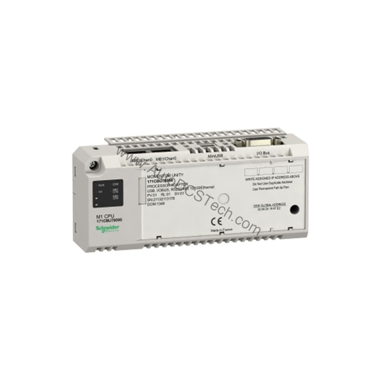 Figure 2: Technical layout and connection details for the Schneider 171CBU78090 industrial automation component.