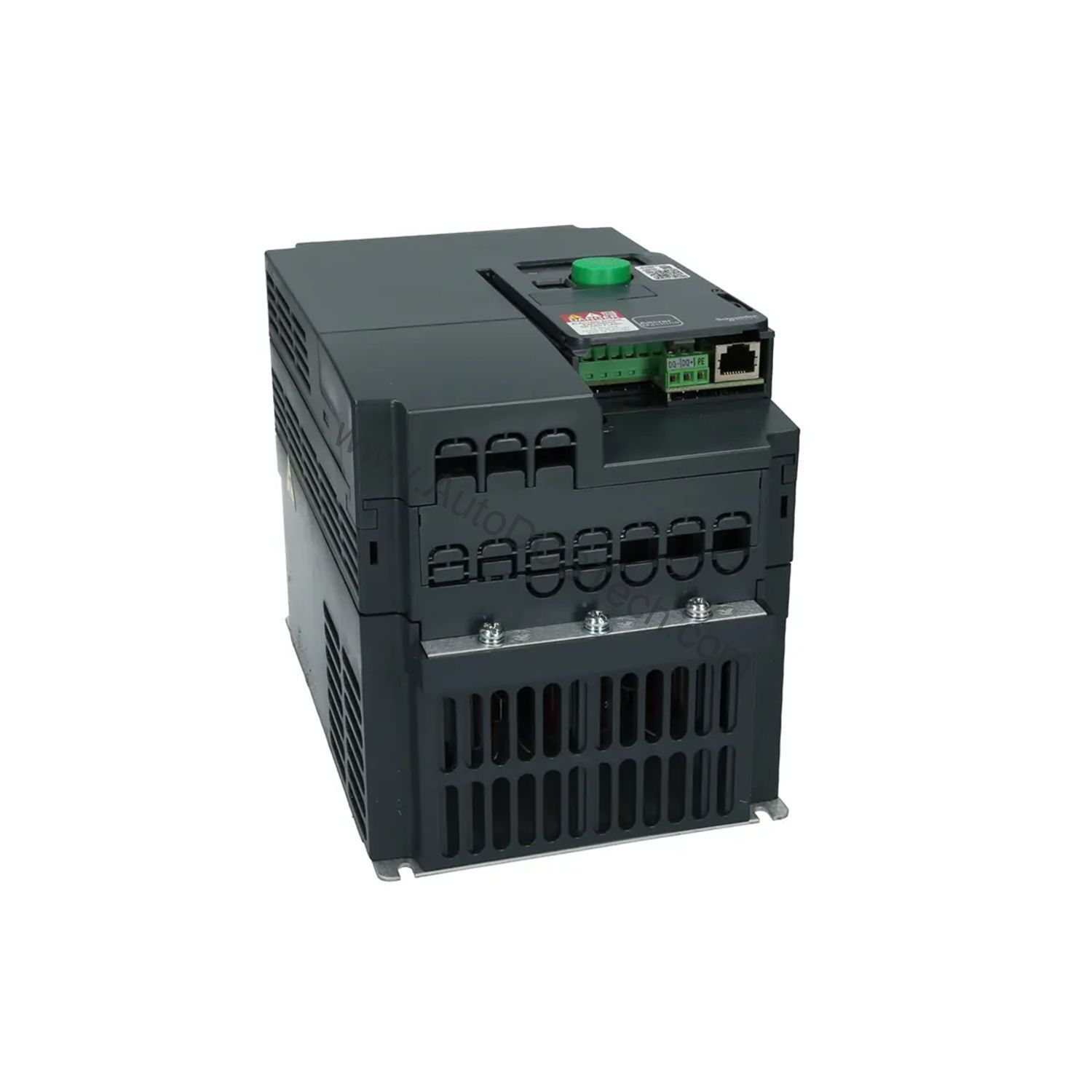 Figure 1: Front view of the Schneider ATV320U55N4C industrial automation component showing its physical design and enclosure.