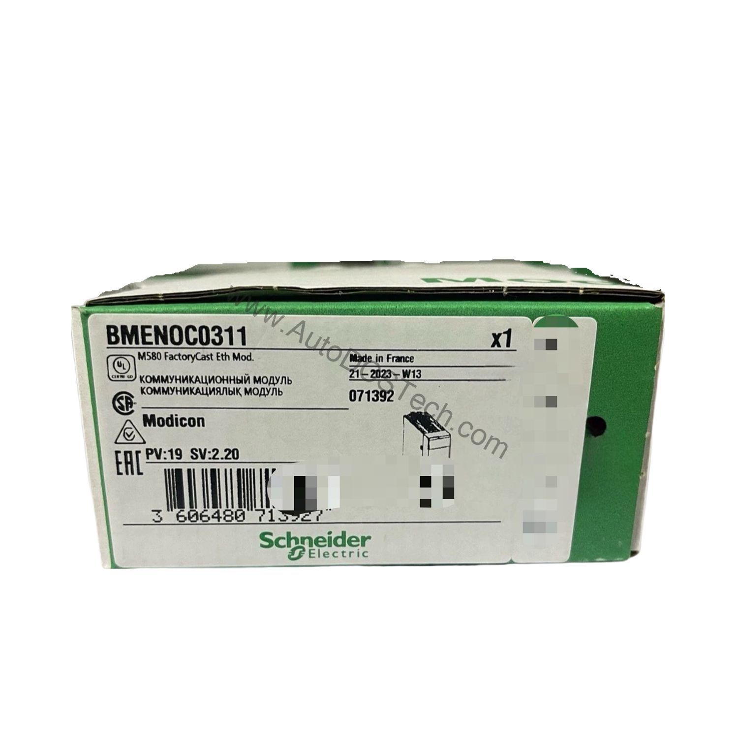 Figure 1: Front view of the Schneider BMENOC0311C industrial automation component showing its physical design and enclosure.