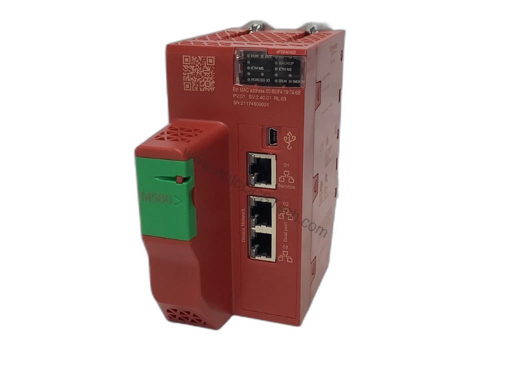 Figure 1: Front view of the Schneider BMEP584040S industrial automation component showing its physical design and enclosure.