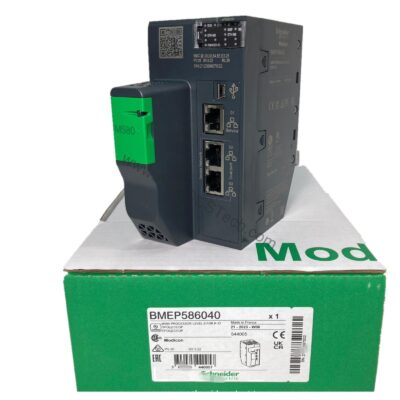Figure 1: Front view of the Schneider BMEP586040 industrial automation component showing its physical design and enclosure.