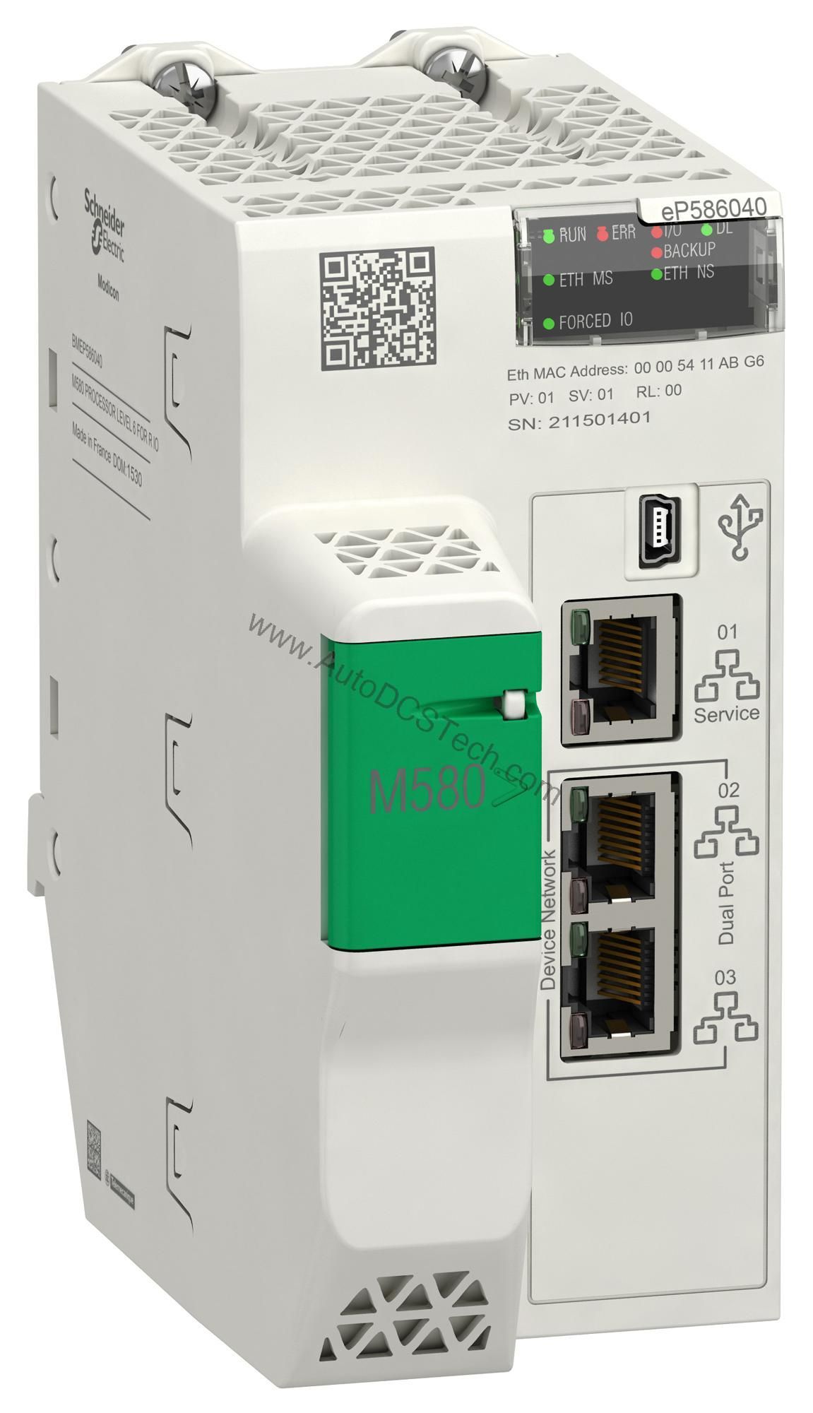 Figure 1: Front view of the Schneider BMEP586040C industrial automation component showing its physical design and enclosure.