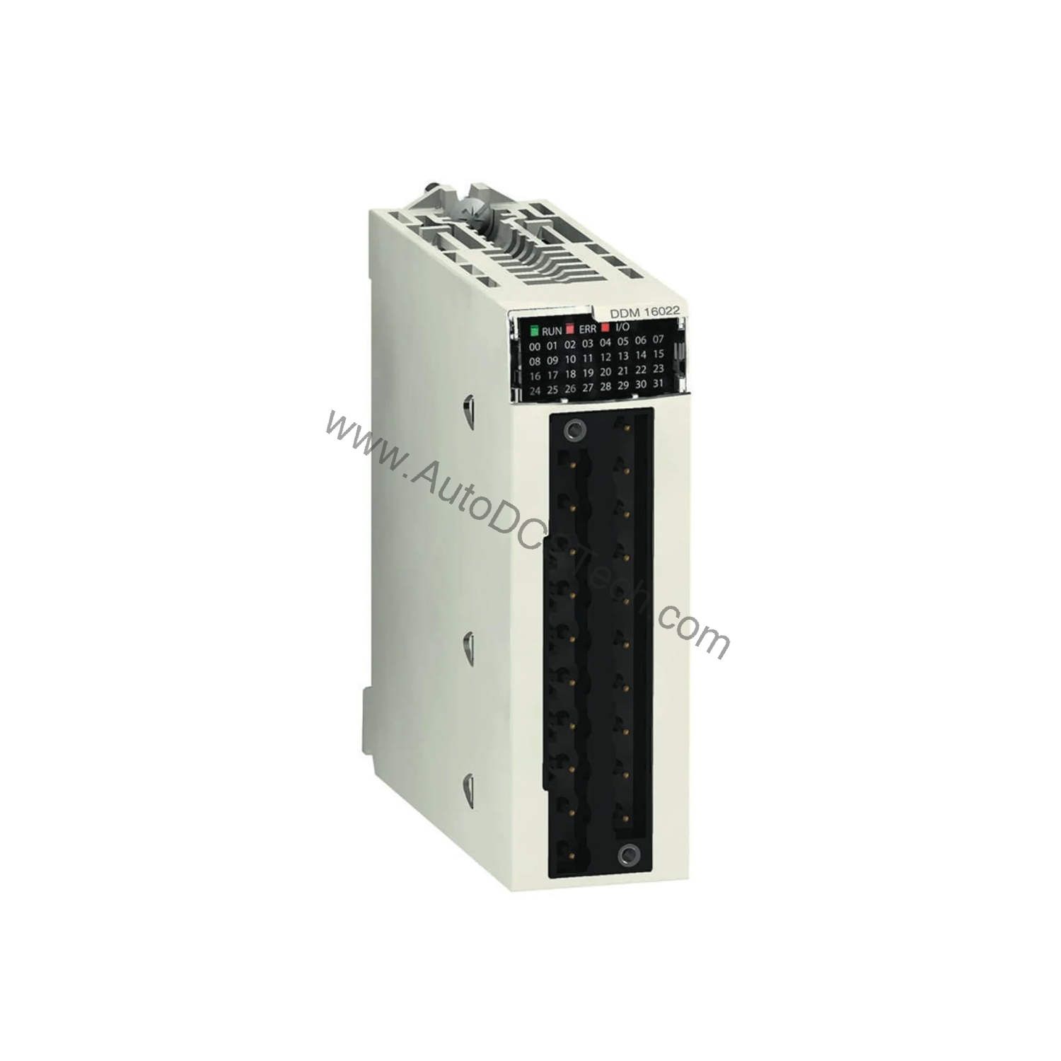 Figure 1: Front view of the Schneider BMXDDM16022 industrial automation component showing its physical design and enclosure.