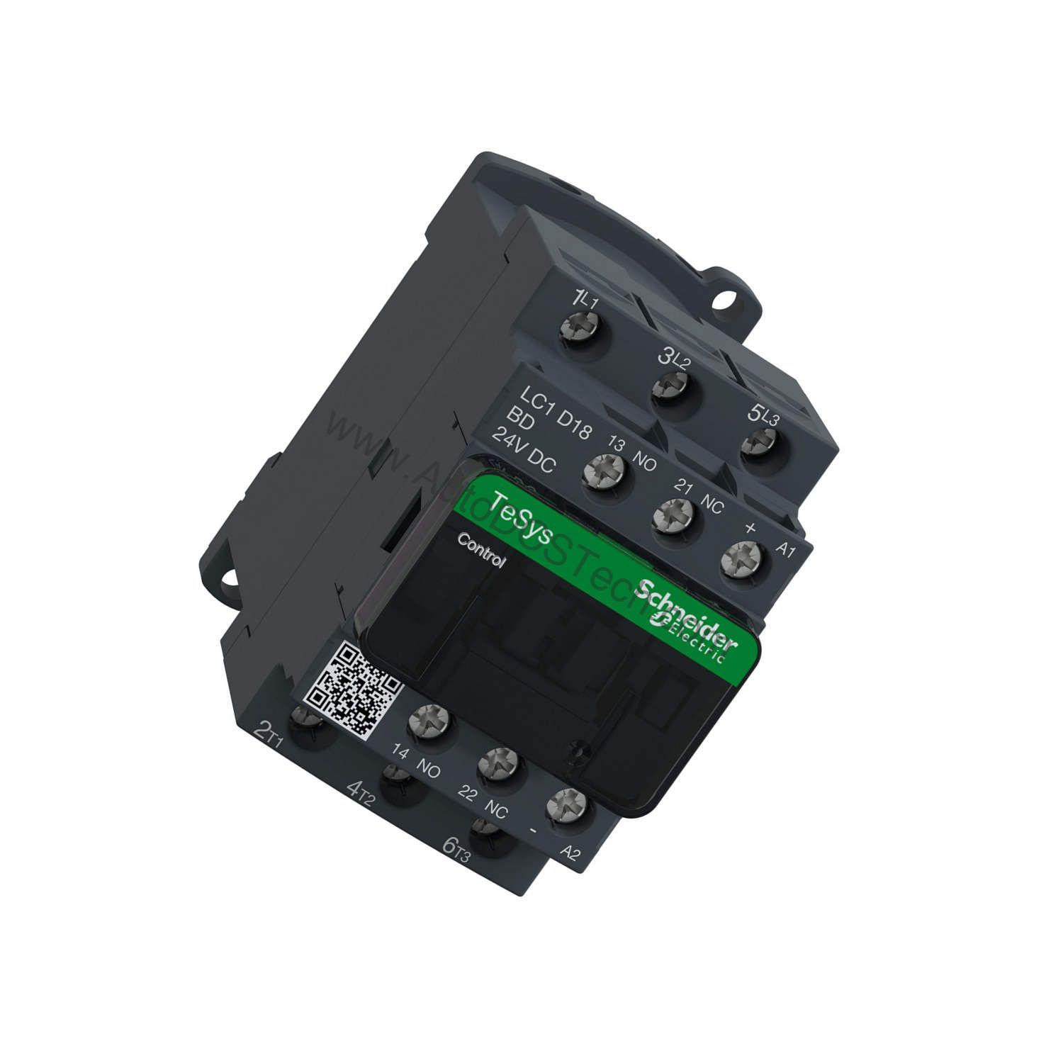 Figure 2: Technical layout and connection details for the Schneider LC1G1854KUEN industrial automation component.