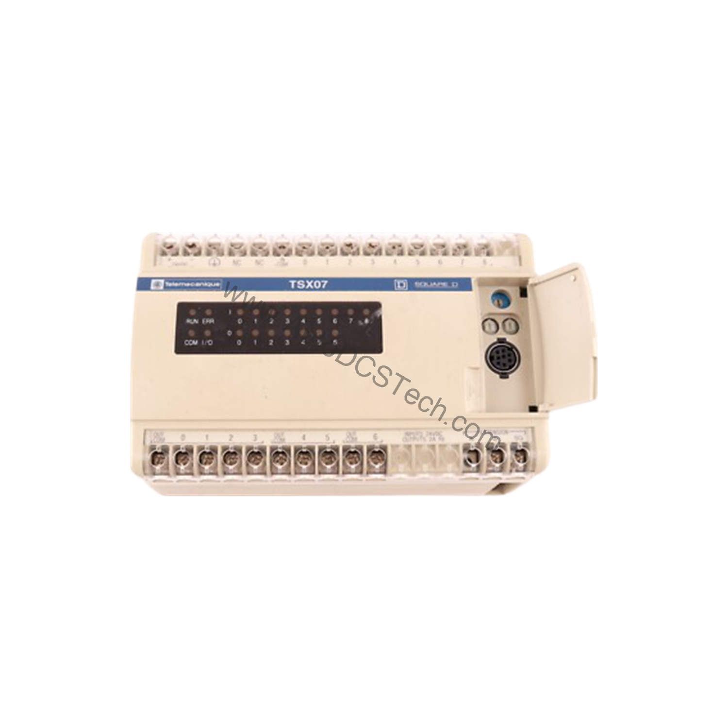 Figure 1: Front view of the Schneider TSX07211622 industrial automation component showing its physical design and enclosure.