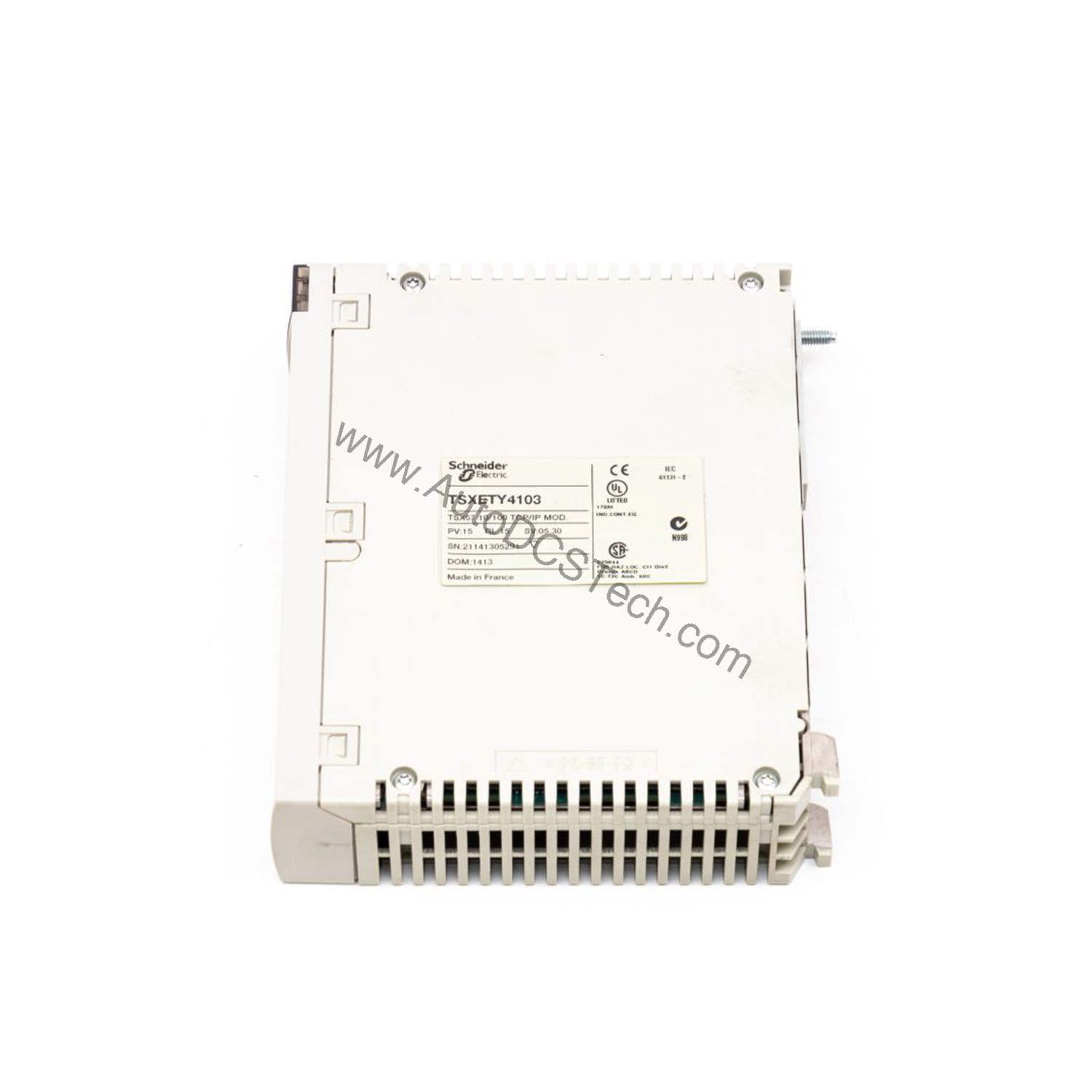 Figure 1: Front view of the Schneider TSXETG3021 industrial automation component showing its physical design and enclosure.