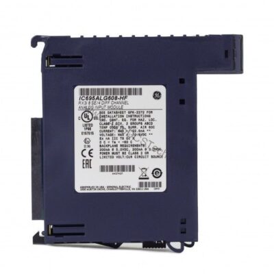 Figure 1: Front view of the GE IC695ALG608 industrial automation component showing its physical design and enclosure.
