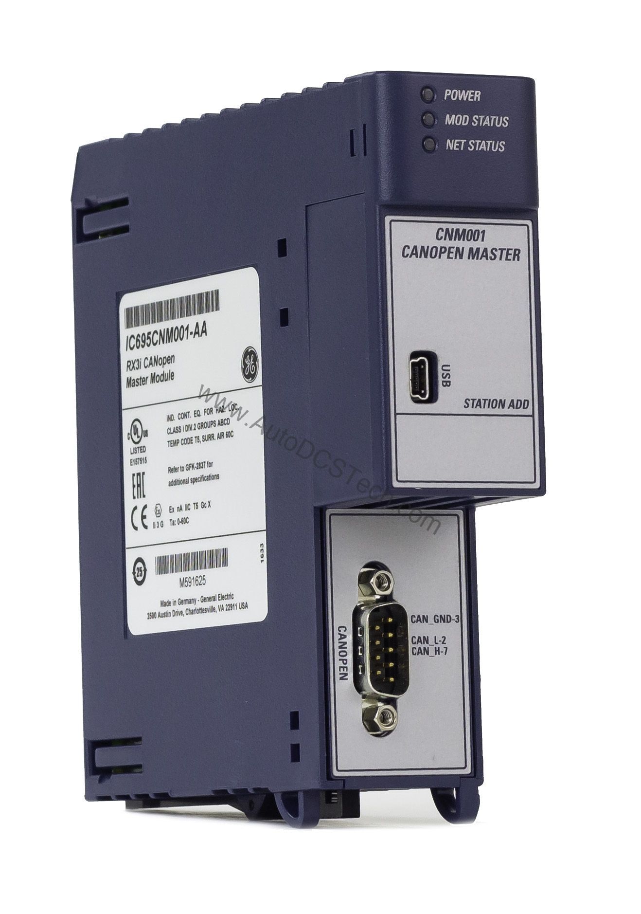 Figure 1: Front view of the GE IC695CNM001 industrial automation component showing its physical design and enclosure.