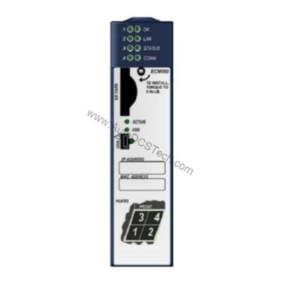 Figure 1: Front view of the GE IC695ECM850 industrial automation component showing its physical design and enclosure.