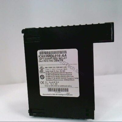 Figure 1: Front view of the GE IC693MDL916 industrial automation component showing its physical design and enclosure.