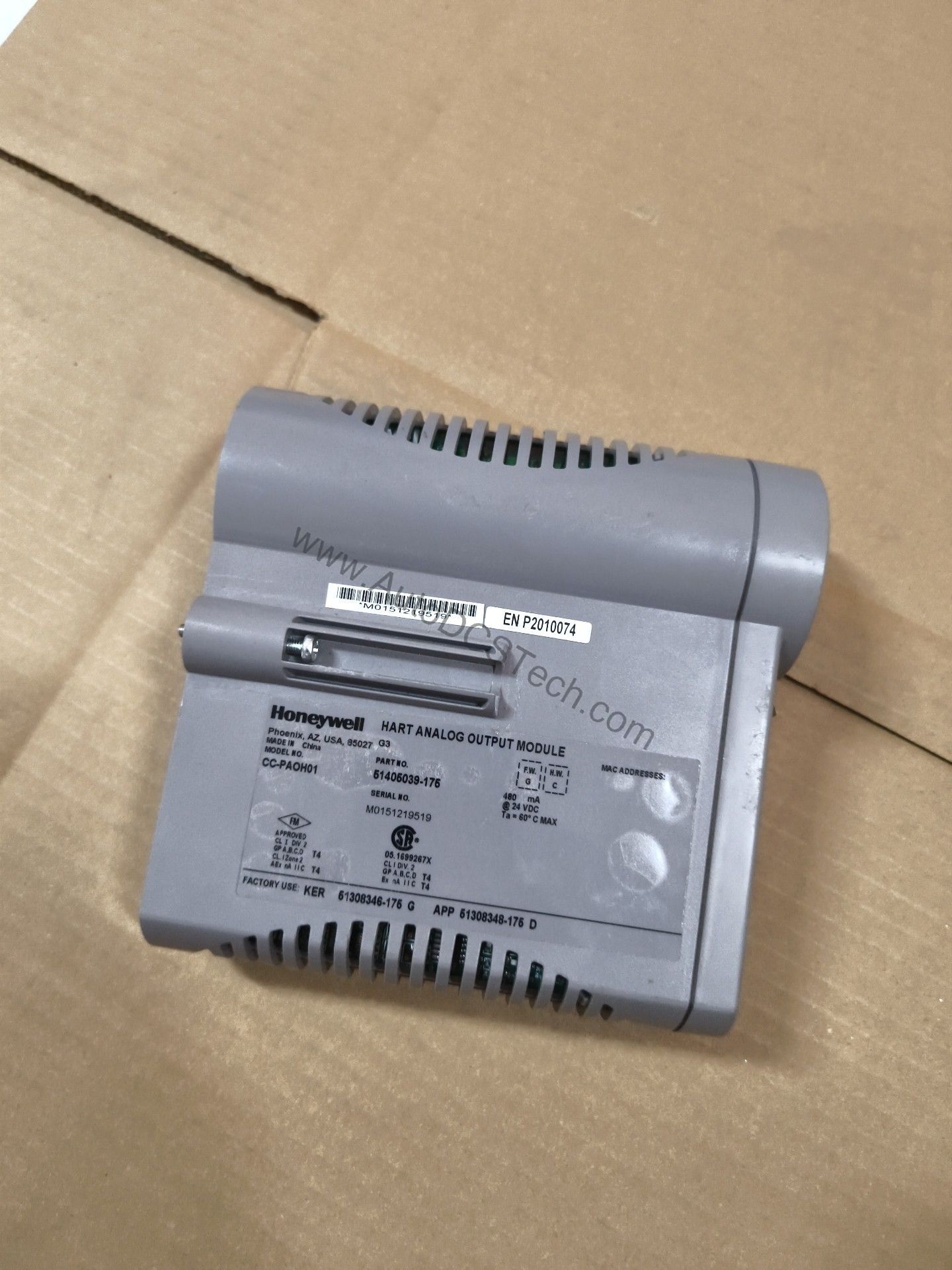 Figure 1: Front view of the Honeywell CC-PAOH51 industrial automation component showing its physical design and enclosure.