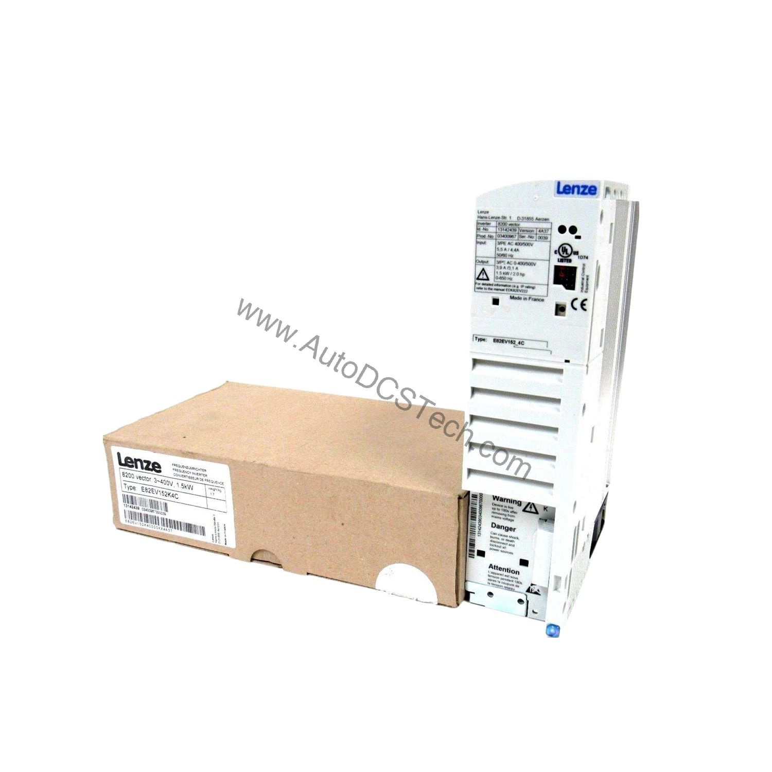 Figure 1: Front view of the Lenze E82EV152K4C industrial automation component showing its physical design and enclosure.