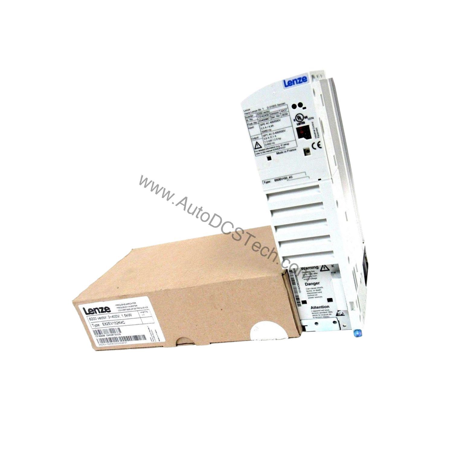 Figure 2: Technical layout and connection details for the Lenze E82EV152K4C industrial automation component.